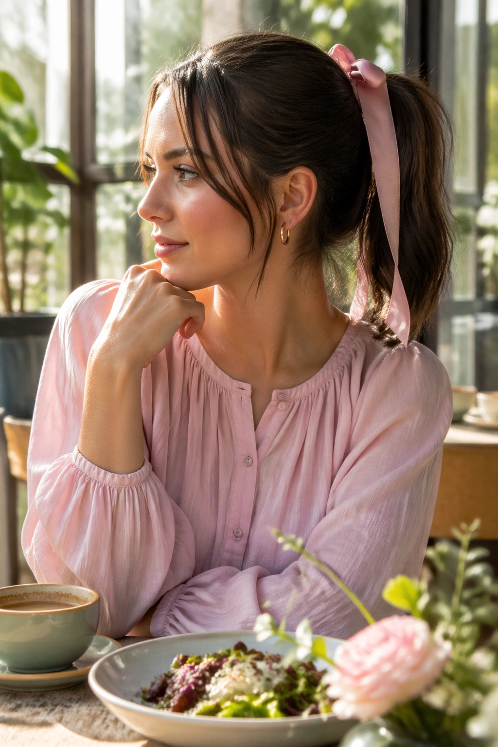 Ribbon tied ponytail at sunny cafe brunch