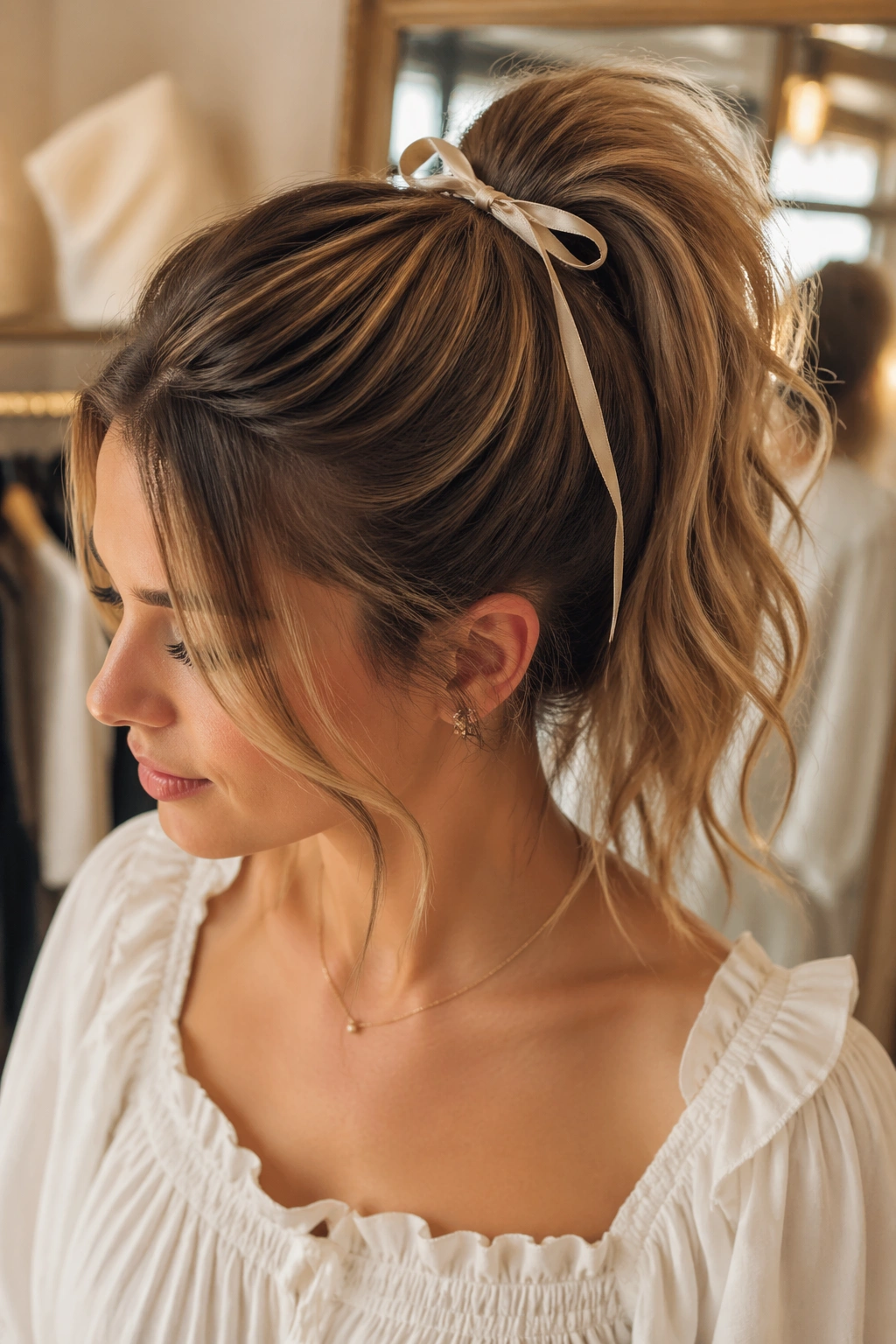 Close-up of a real person with ribbon-tied high ponytail showing ribbon over elastic and small bow.