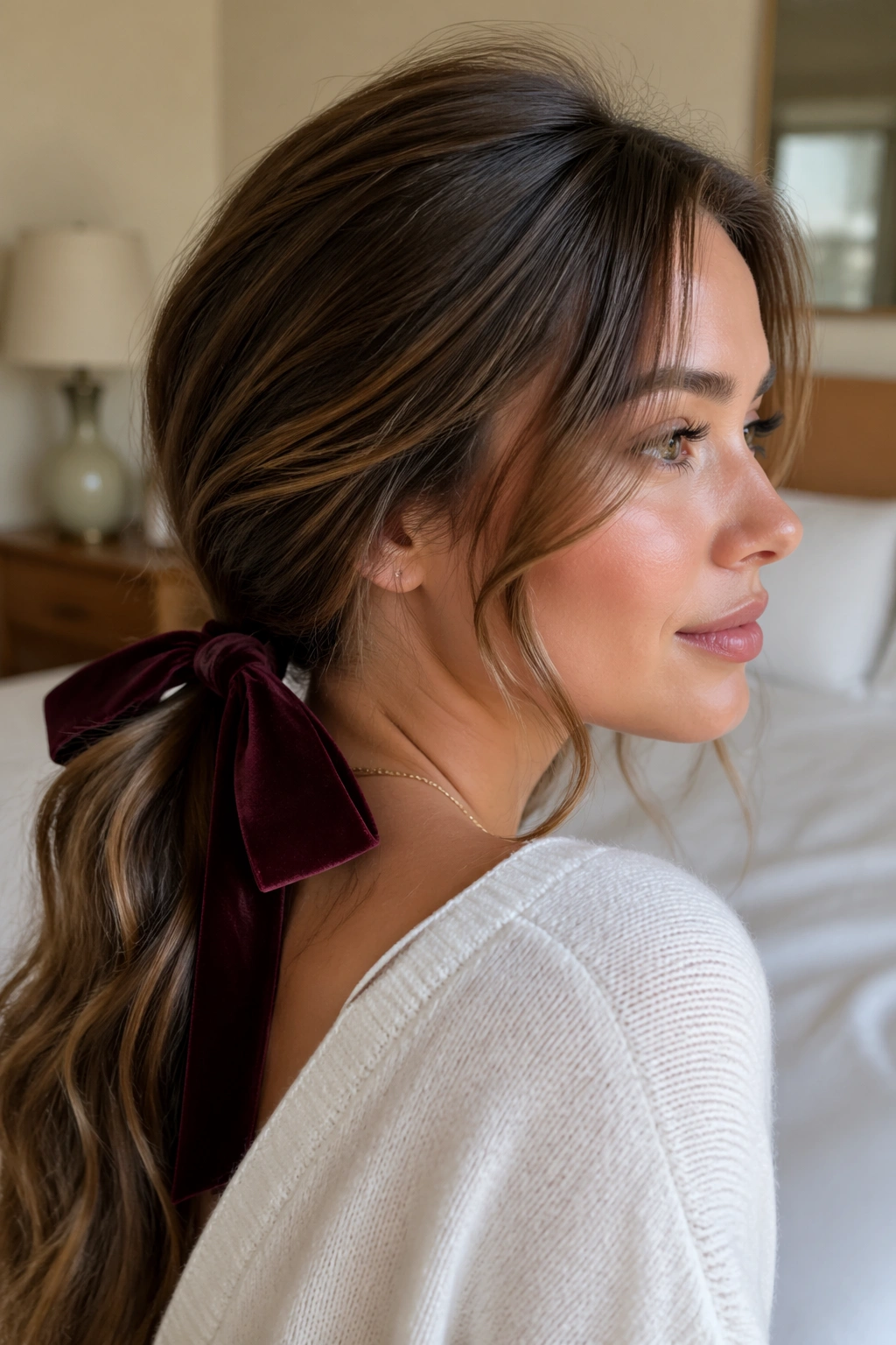 Close-up of a real woman with a ribbon-tied low ponytail showing soft side volume