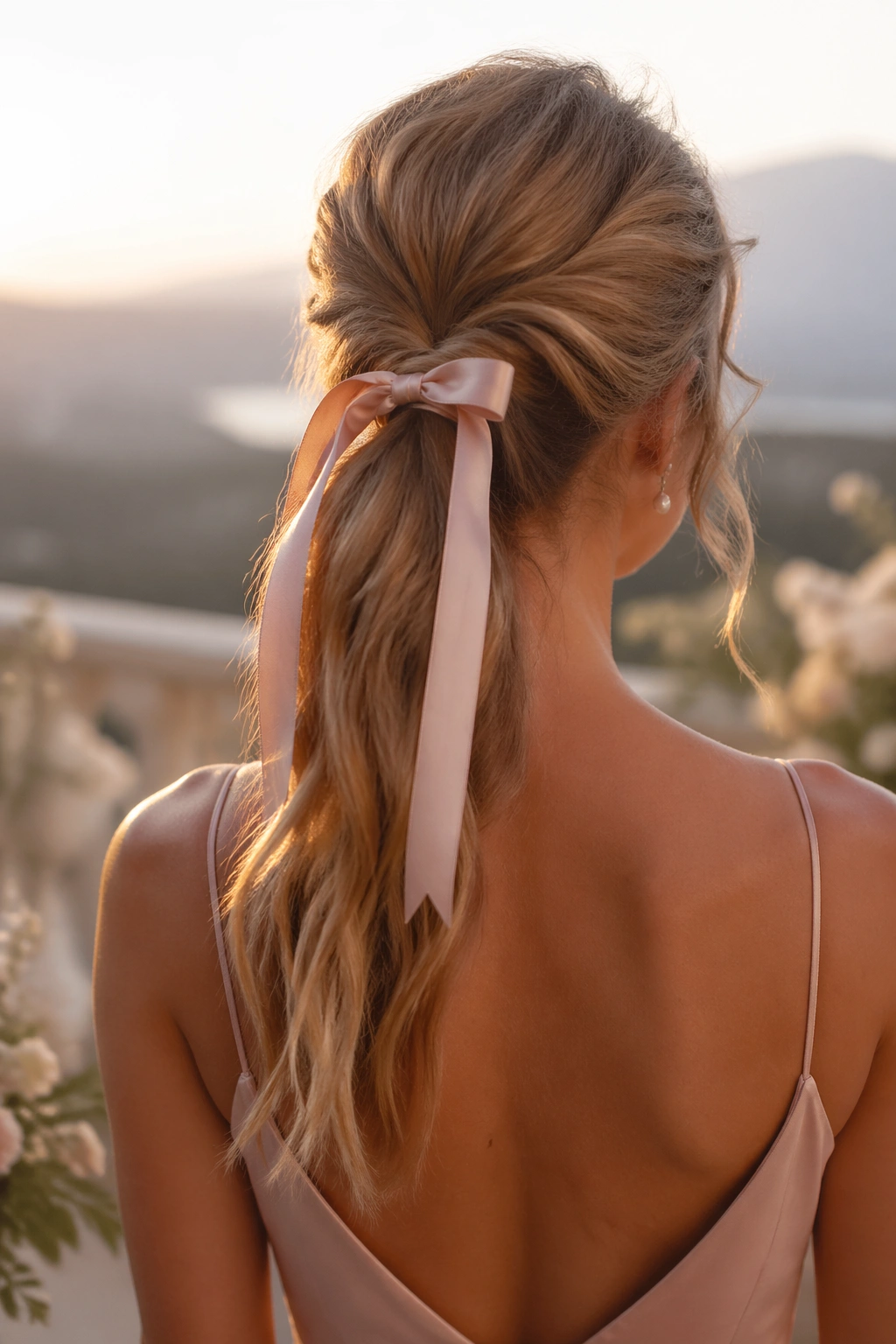 Back-view of woman with ribbon-tied ponytail on outdoor terrace
