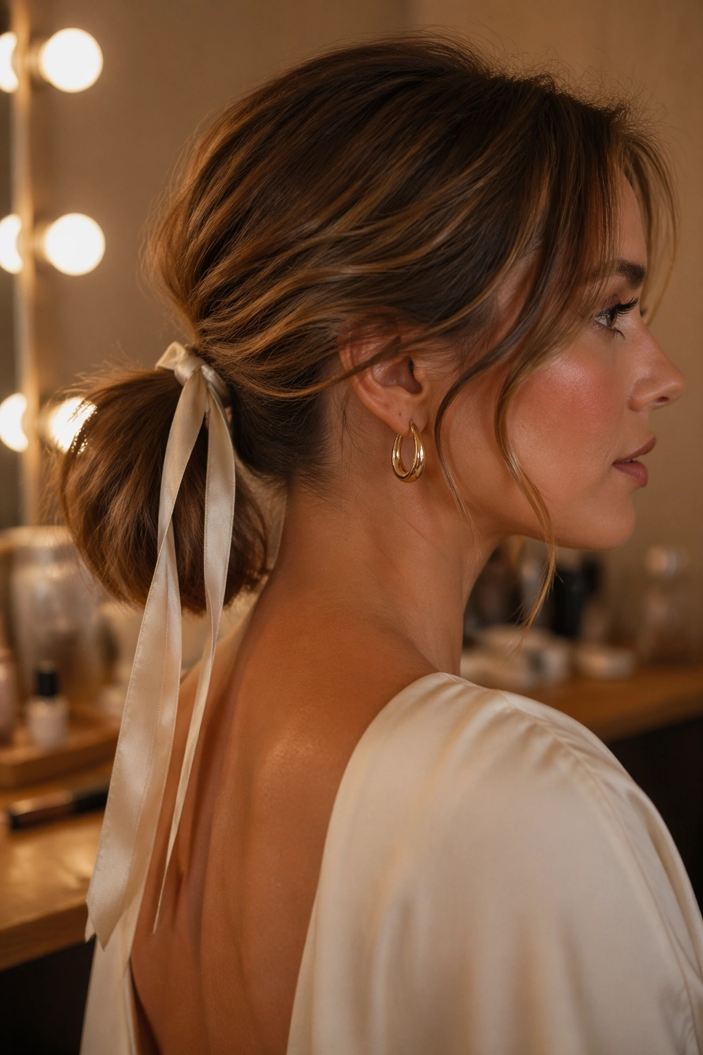 Portrait of a woman with a ribbon-tied ponytail