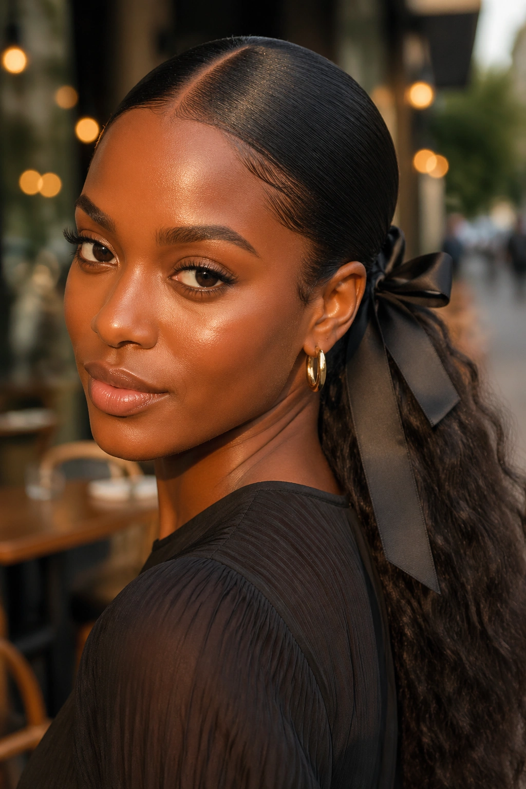 Close-up of a real woman with a ribbon-tied center-part ponytail in a softly lit outdoor setting
