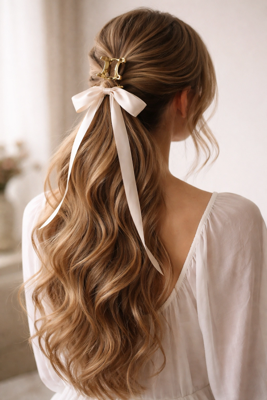 Back view of ribbon-tied ponytail with small bow at base