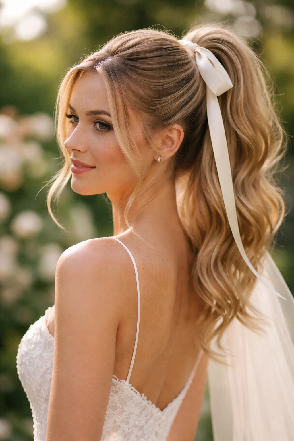 Bride with ribbon-tied ponytail and face-framing pieces