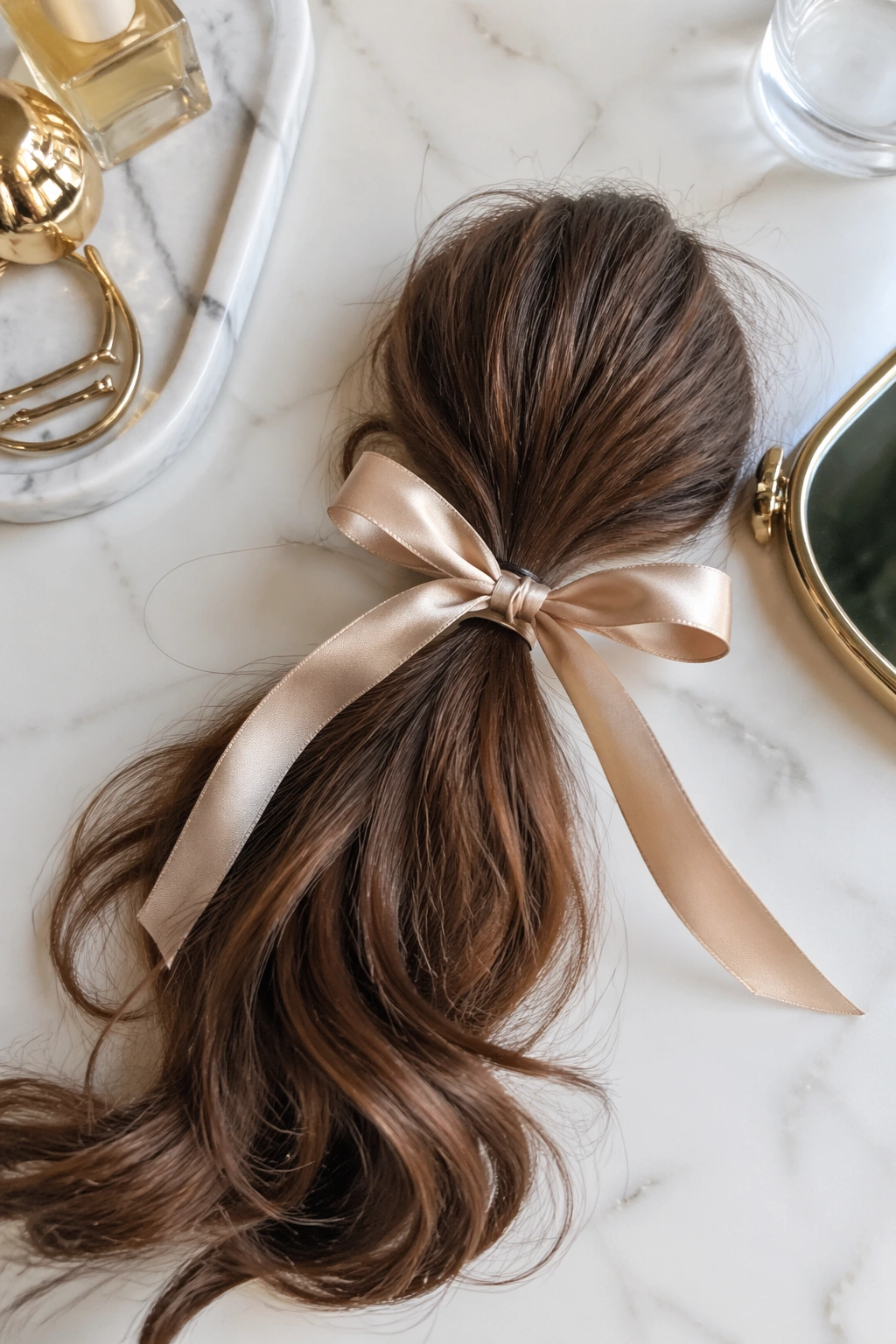 Overhead flat-lay of ribbon-tied ponytail with satin ribbon at the base.