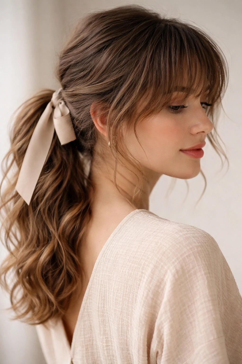 Ponytail with ribbon tied at base and soft fringe