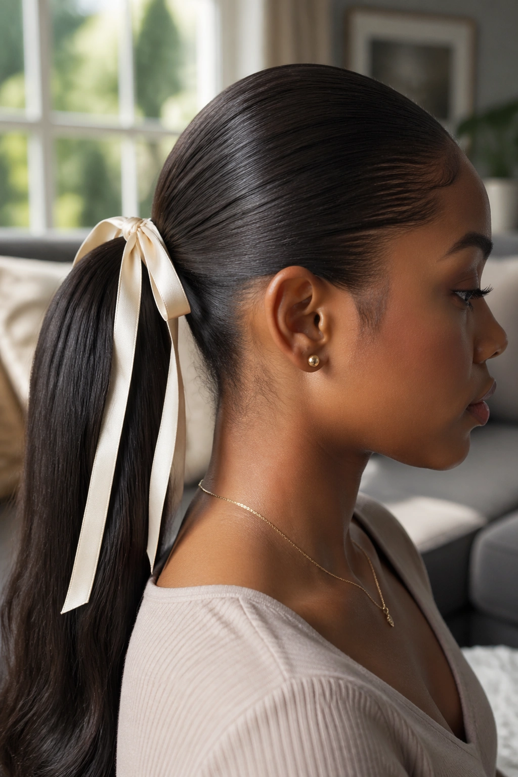 Real woman with a ribbon-tied ponytail and ribbon visible at the base