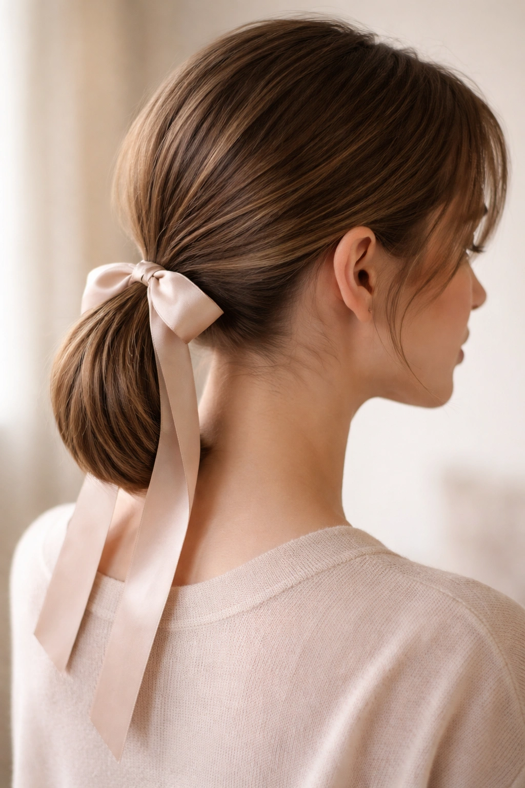 Ribbon-tied low ponytail with satin ribbon around the elastic