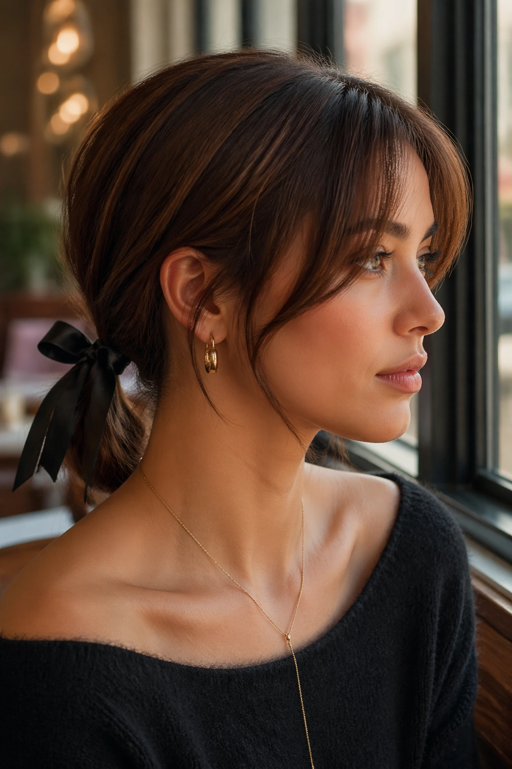 Close-up of real woman with ribbon-tied short ponytail and curtain bangs in cafe light.