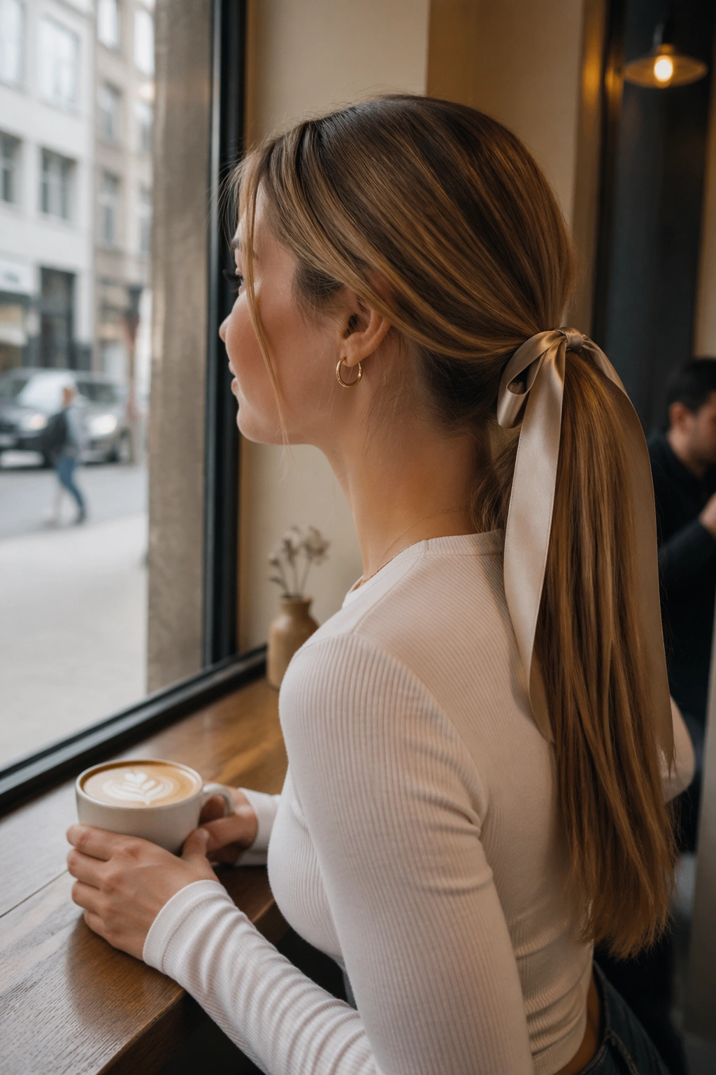 Side profile ribbon tied mid ponytail in cafe