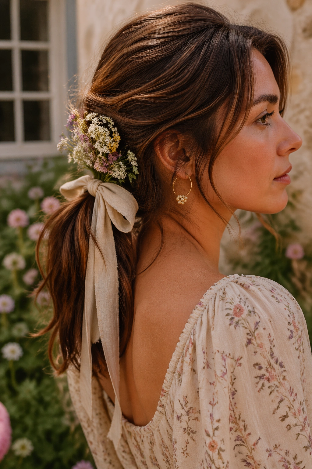 Woman's ponytail tied with ribbon and small wildflowers around the knot in rustic setting.