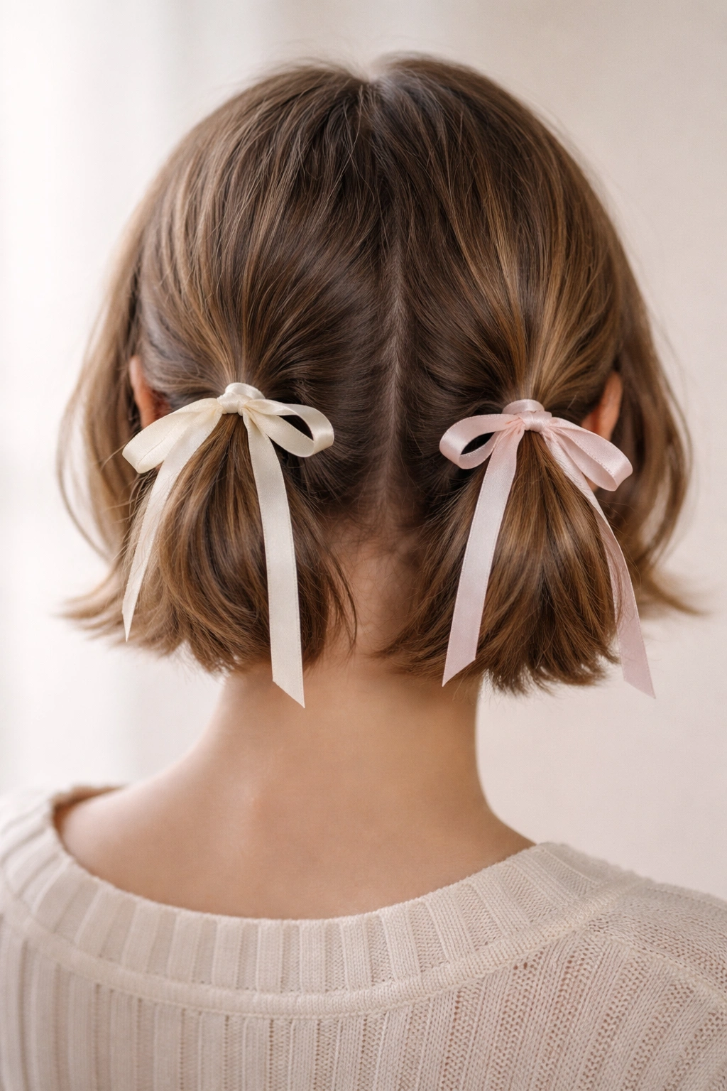 Ribbon-tied double ponytails with narrow satin ribbons on a bob