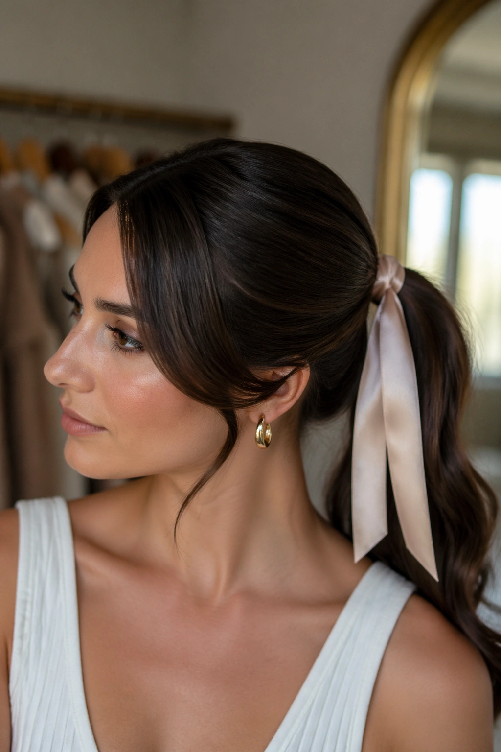Close-up of ribbon-tied mid swoop ponytail on real person