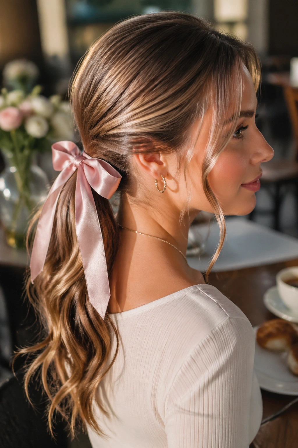 Close-up of a real woman with ribbon-tied double swoop ponytail and bow.