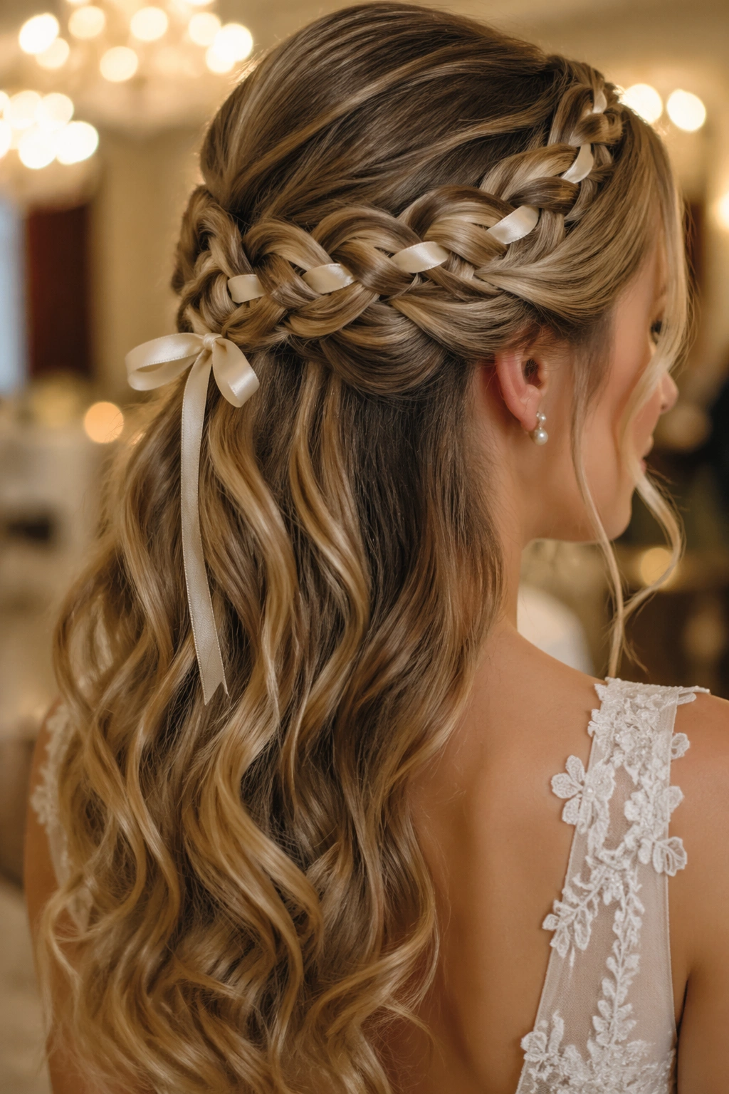 Close-up of bride with ribbon-woven braid half-up hairstyle.