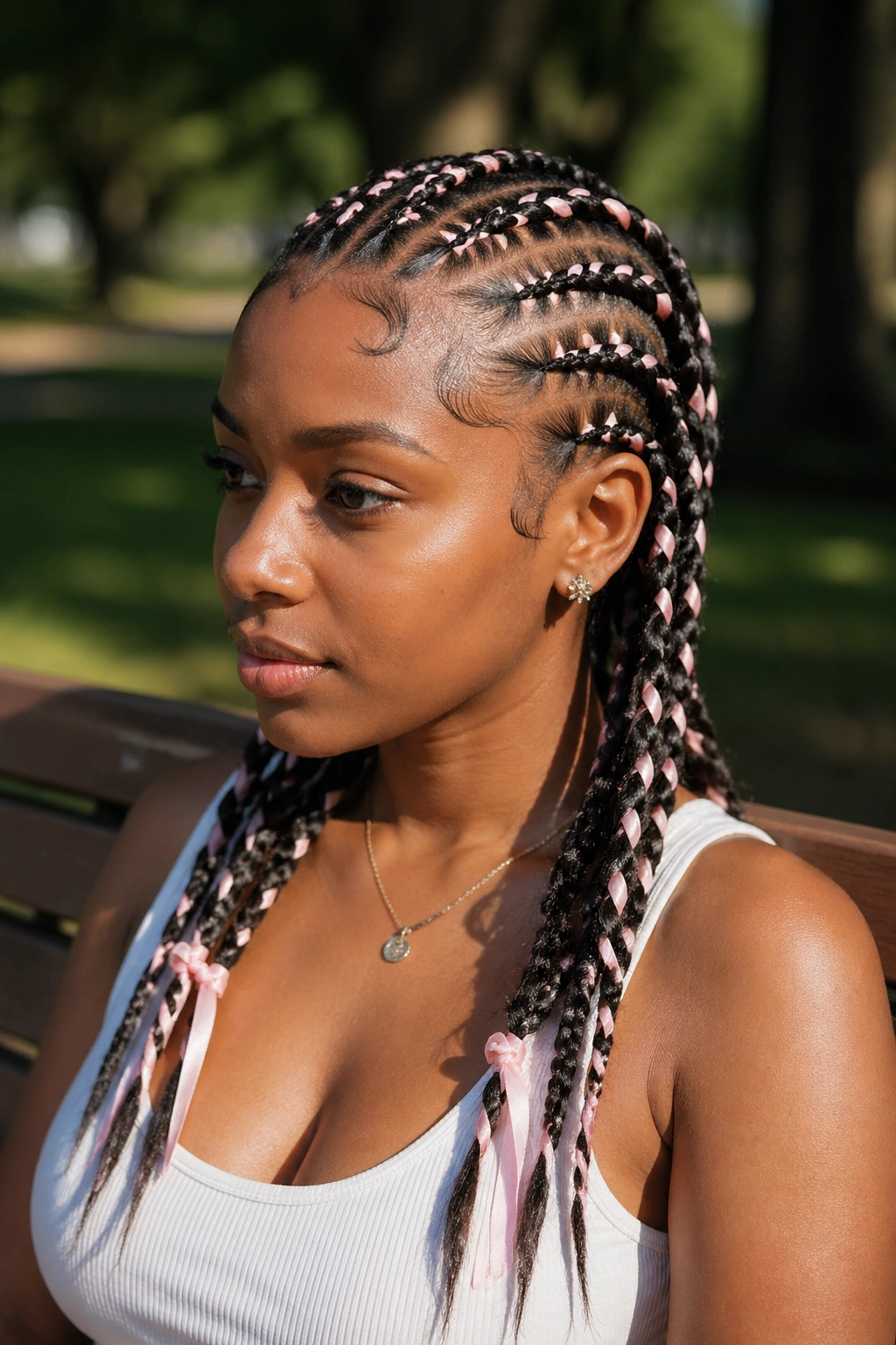 Real woman with cornrows woven with satin ribbons for a ribbon weave look.