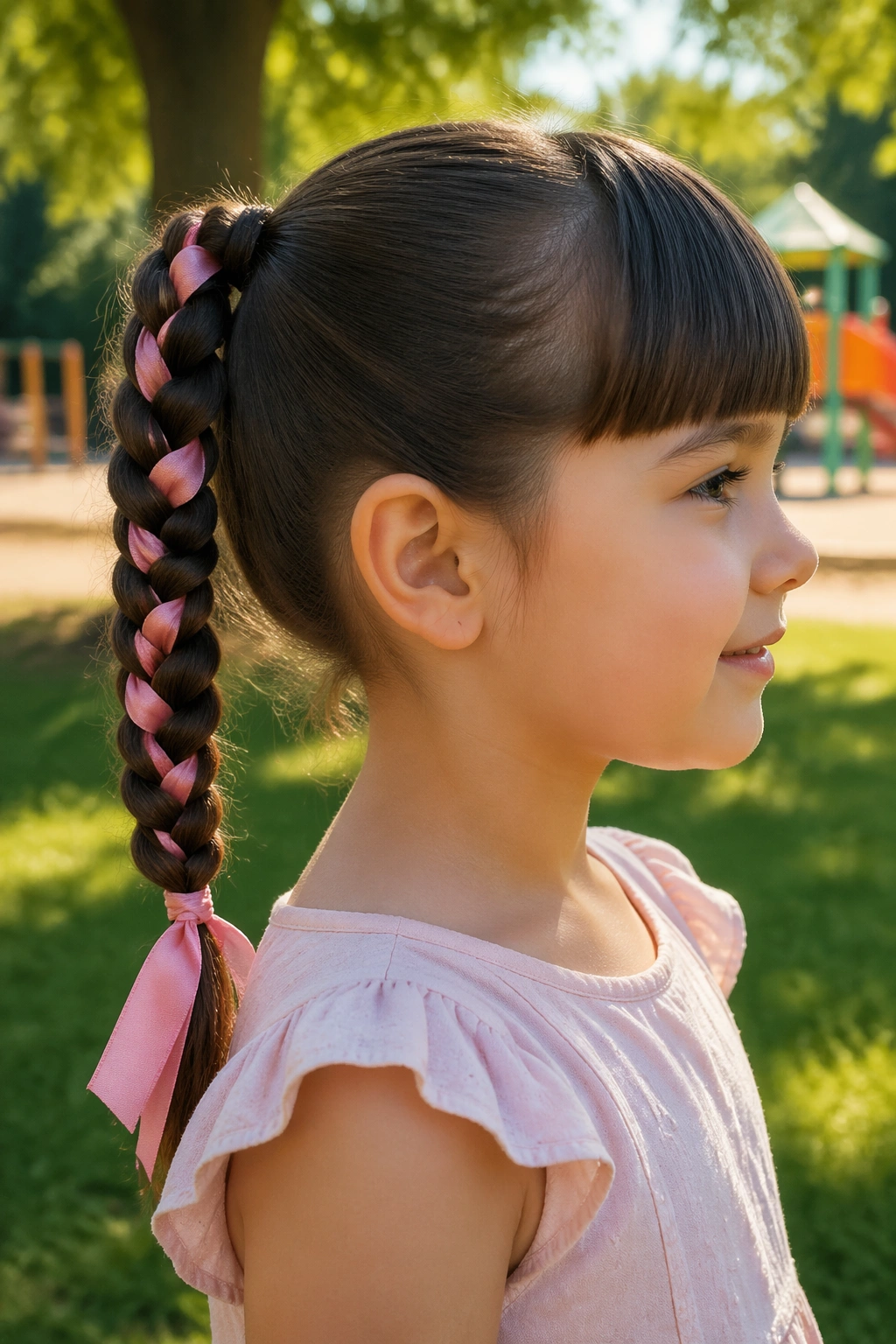 Side profile of ribbon woven braided ponytail with blunt bangs