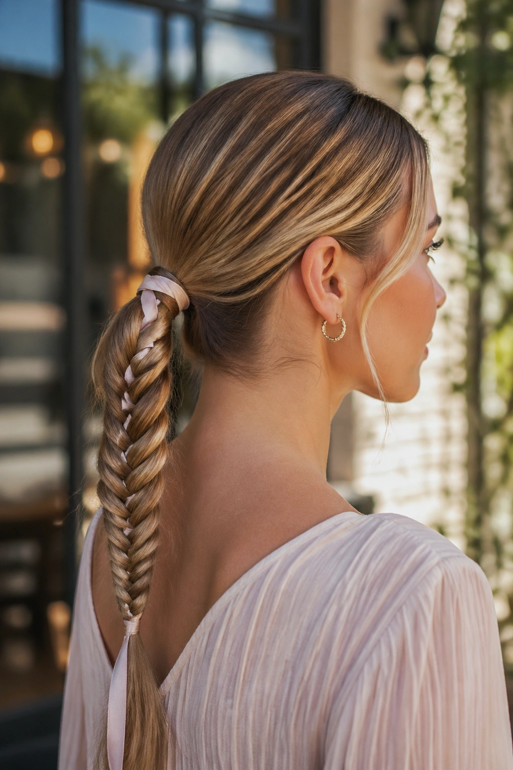Close-up of a woman with ribbon-woven fishtail ponytail, ribbon threading through the braid