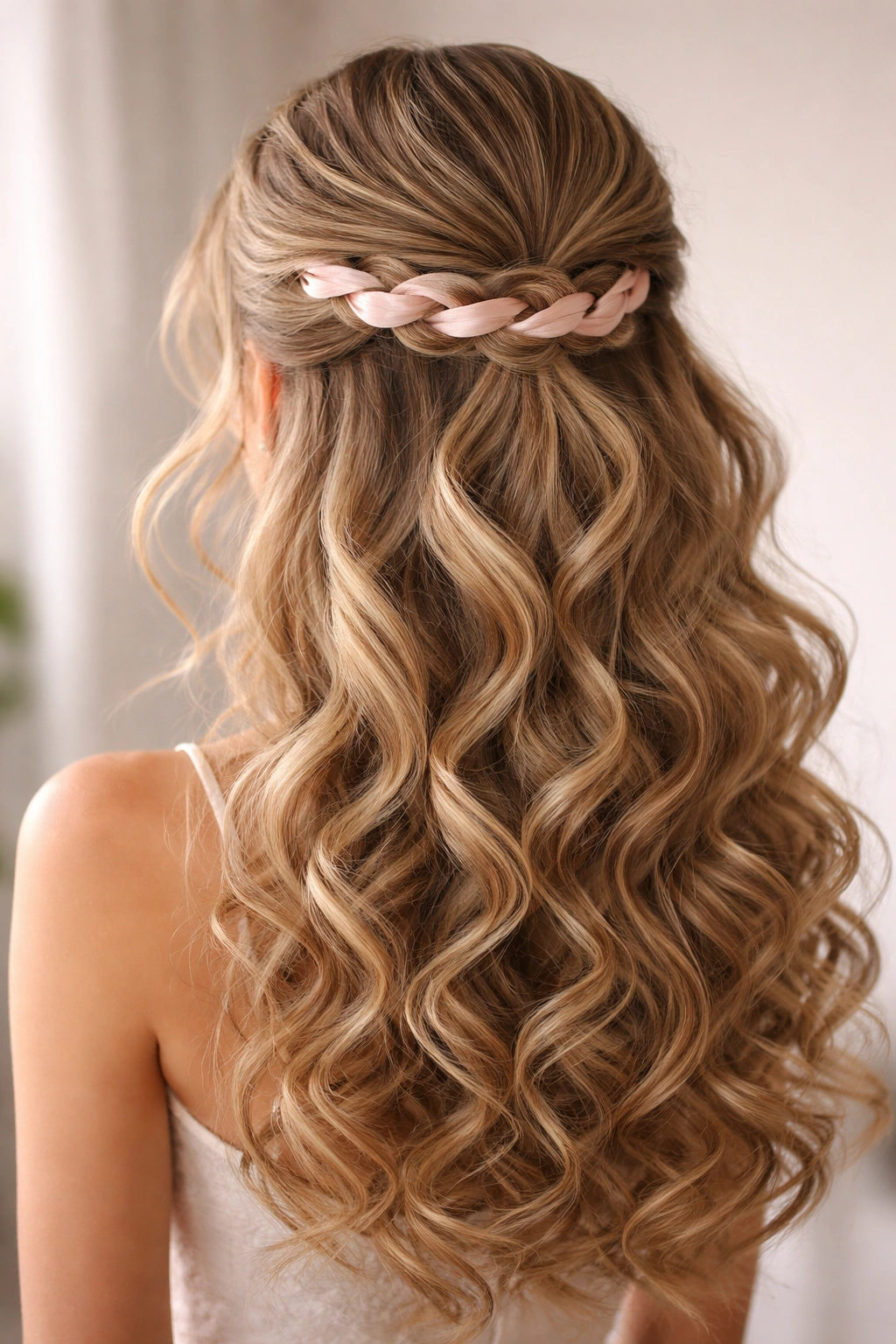 Close-up of a ribbon-woven half-up twist with satin ribbon threaded through the twist