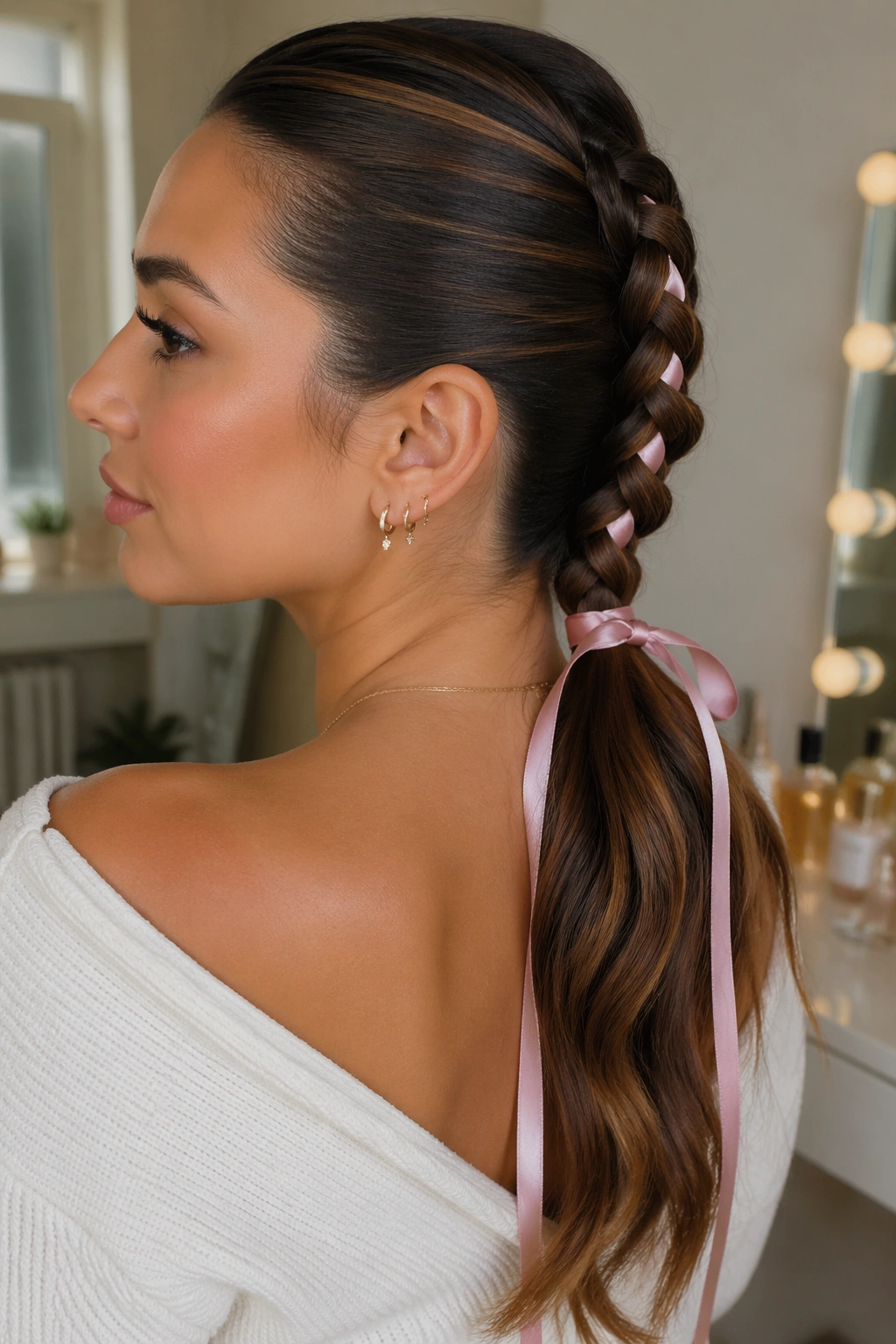 Close-up of a real woman with a ribbon-woven mid ponytail