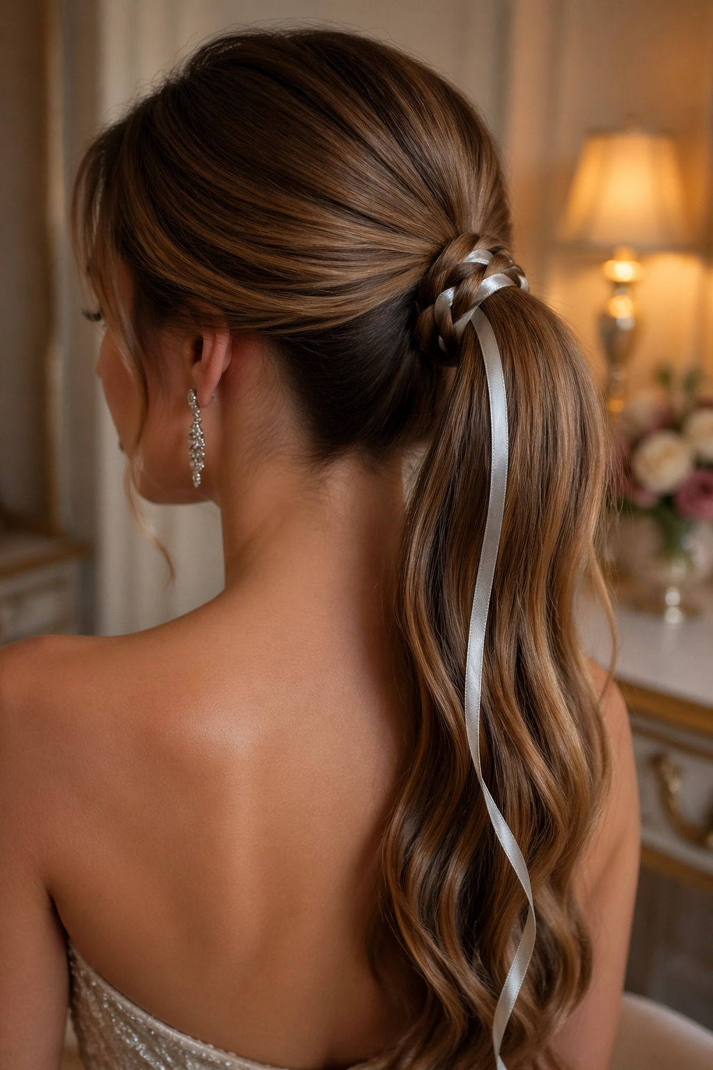 Close-up of a woman with ribbon-woven mid ponytail