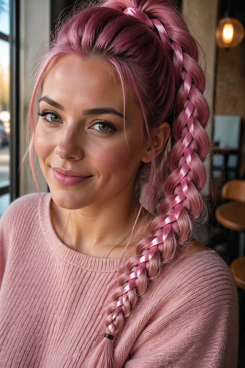Close-up of Ribbon-Woven Pink Ponytail on a real person