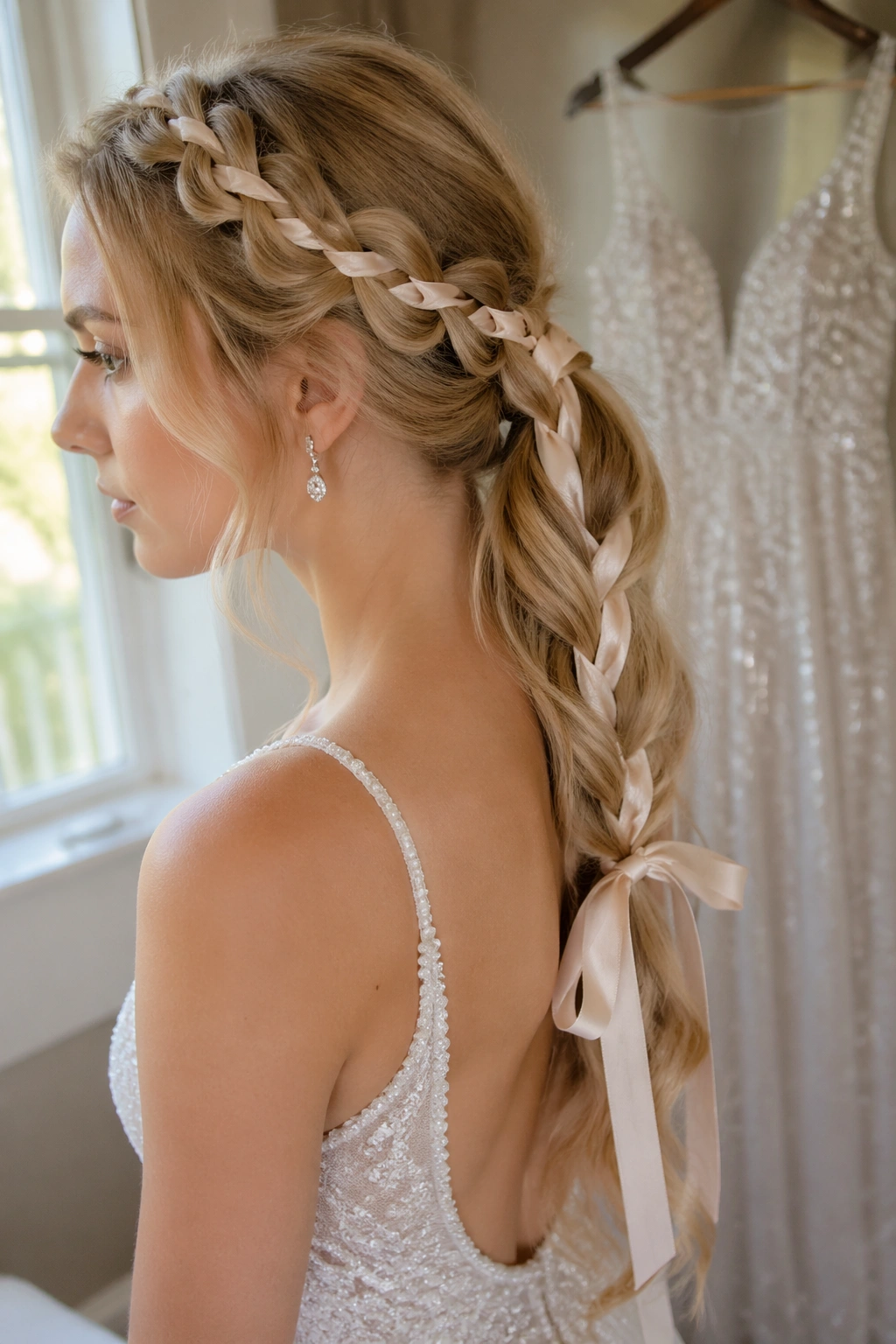 Bride side profile ribbon-woven ponytail