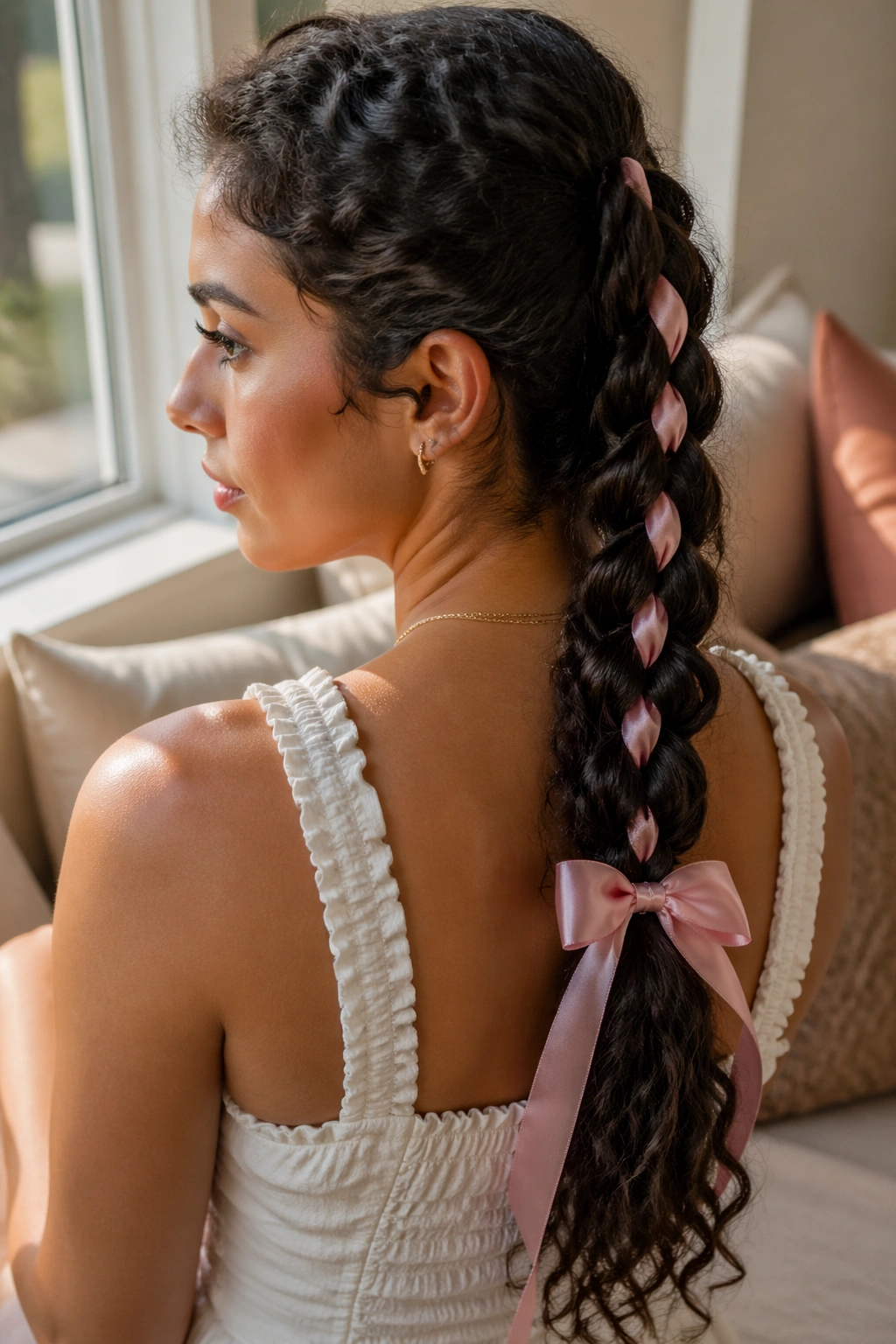 Close-up of ribbon-woven ponytail with bow at end on a real woman