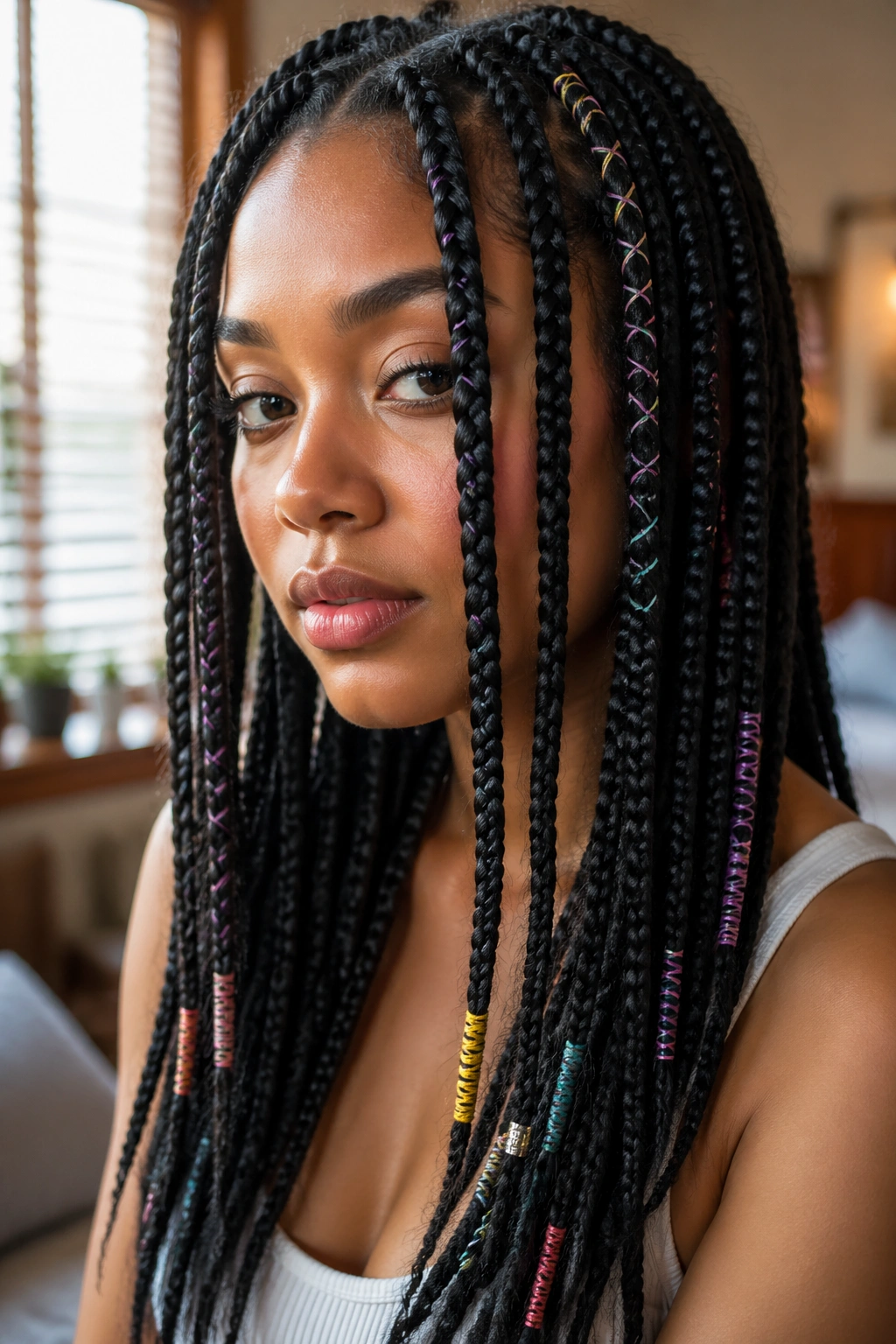Portrait of a real person with ribbon-wrapped box braids