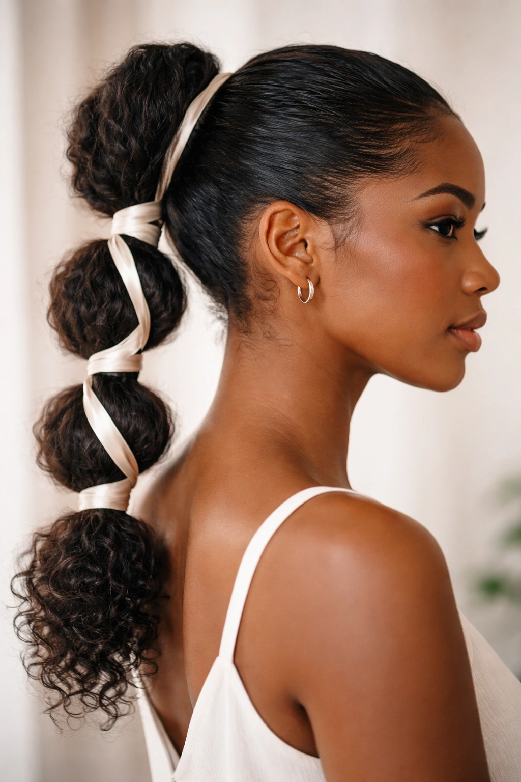 Ribbon wrapped bubble ponytail with a visible satin ribbon accent