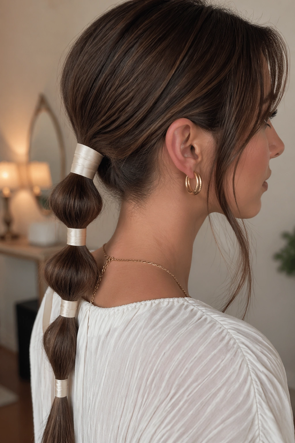 Close-up of a real woman wearing a ribbon-wrapped bubble ponytail on short hair
