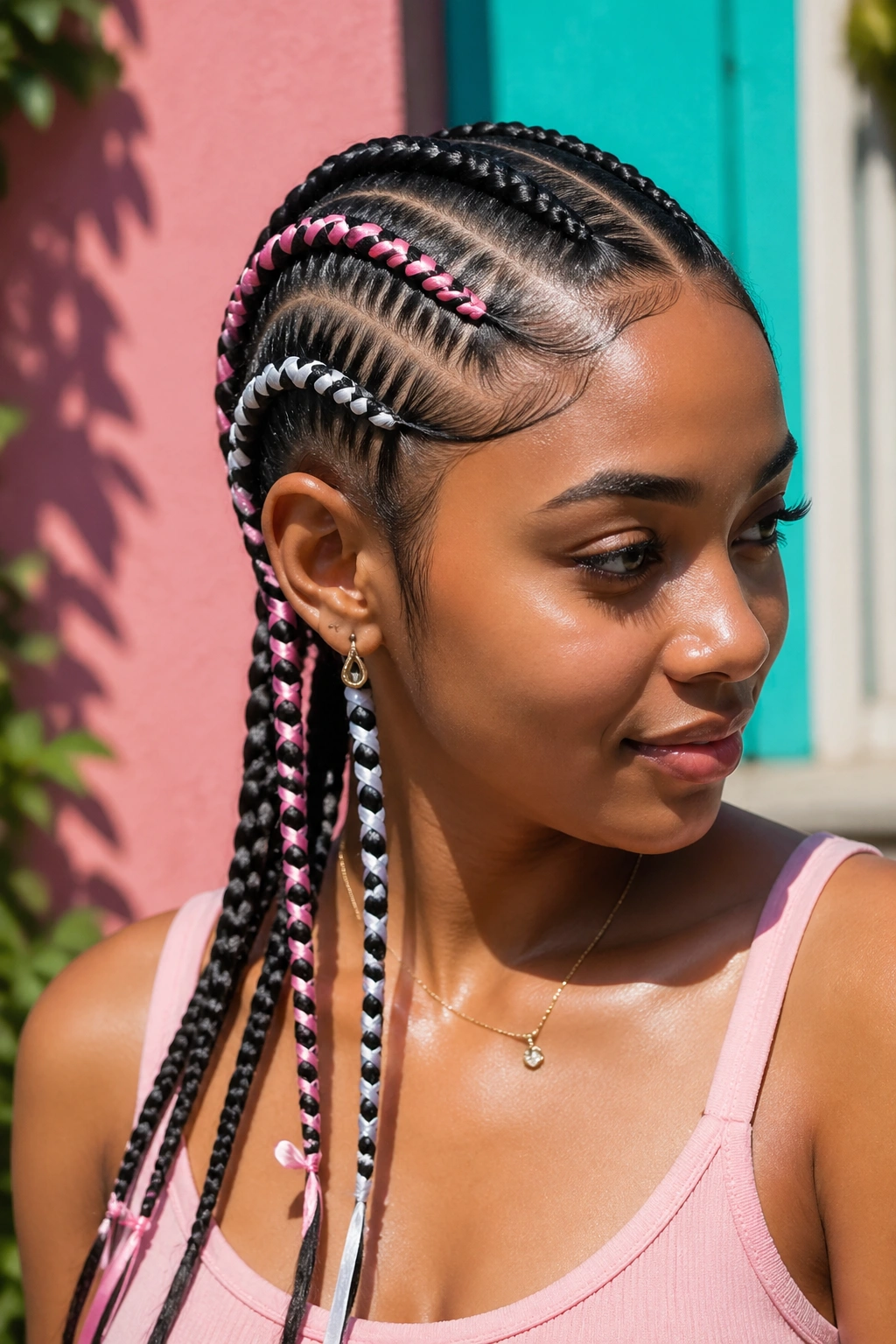 Close-up of a real person with ribbon-wrapped cornrows on a bright outdoor wall