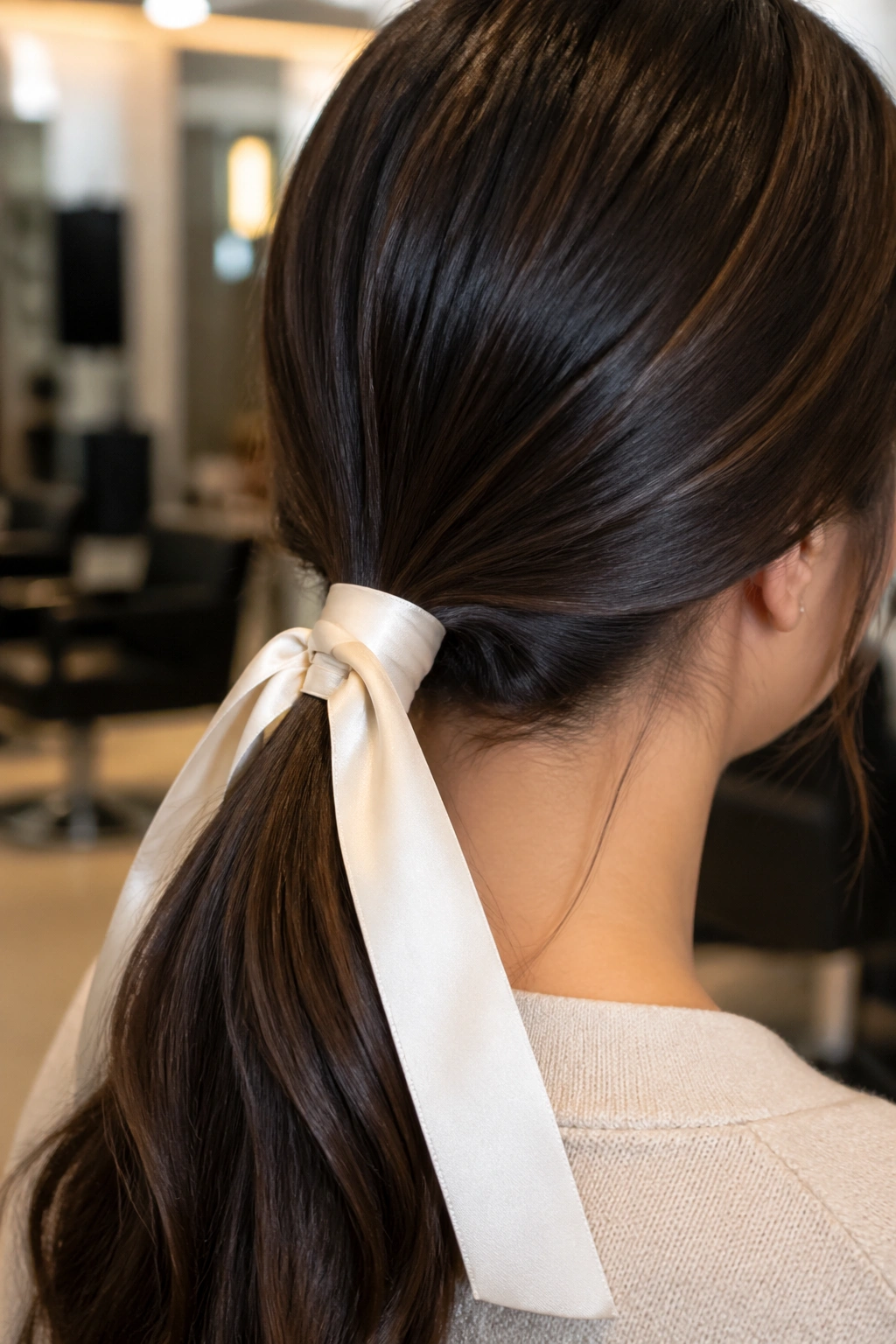 Low ponytail with ribbon-wrapped elastic creating a hidden, clean finish.