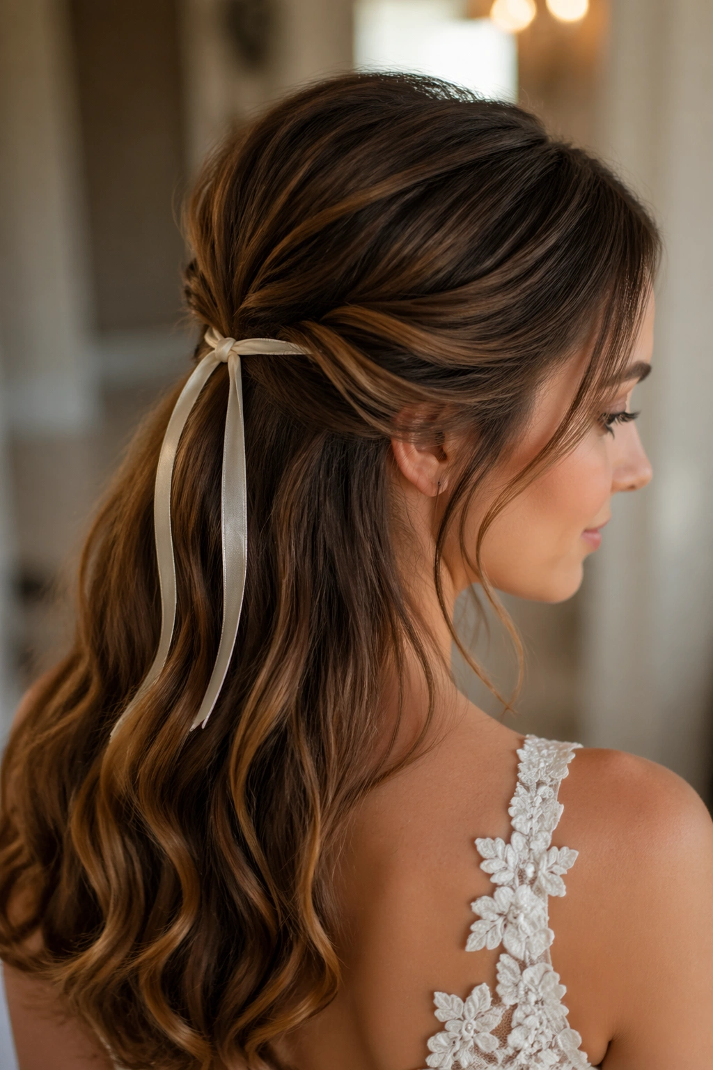 Close-up of a real bride wearing a ribbon-wrapped half-up hairstyle