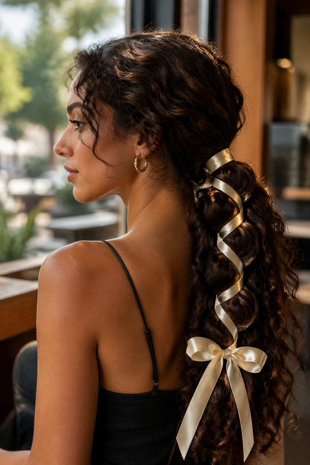 Portrait of a woman with a ribbon-wrapped ponytail and trailing bow