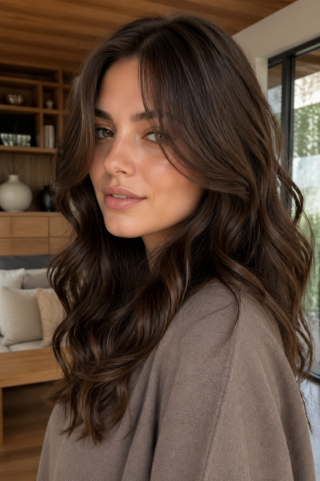 Portrait of a real woman with rich java brown hair and face-framing pieces