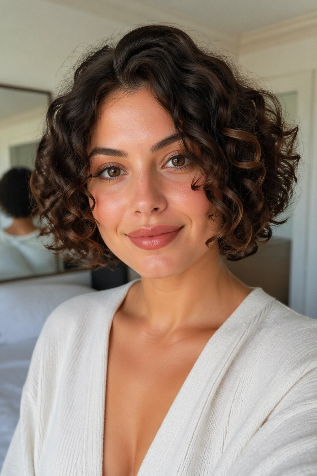 Close-up of real person with chin-length ringlet bob on natural light background.