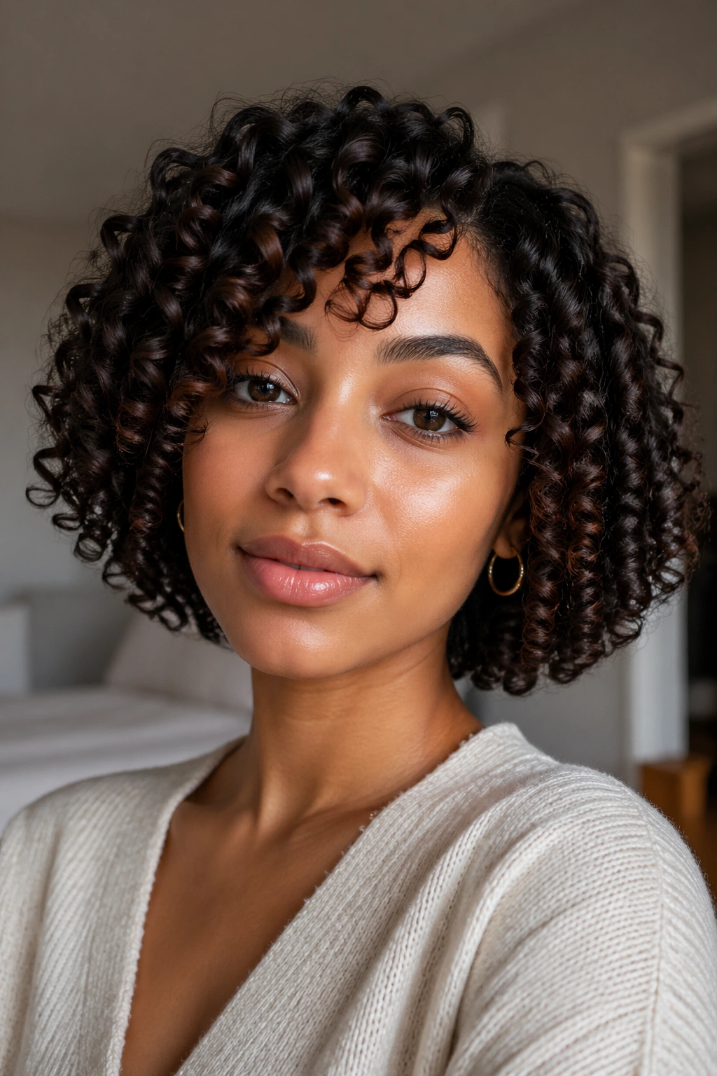 Real person with a chin-length bob and ringlet curls.