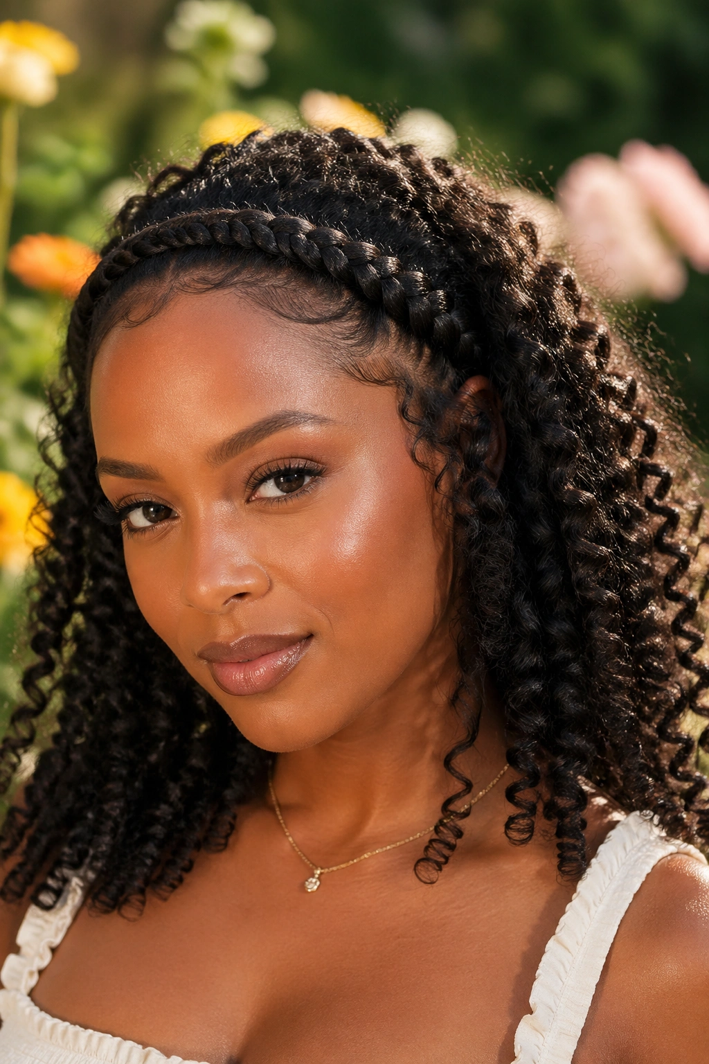 Close-up of a real woman with a braided crown and cascading ringlets behind