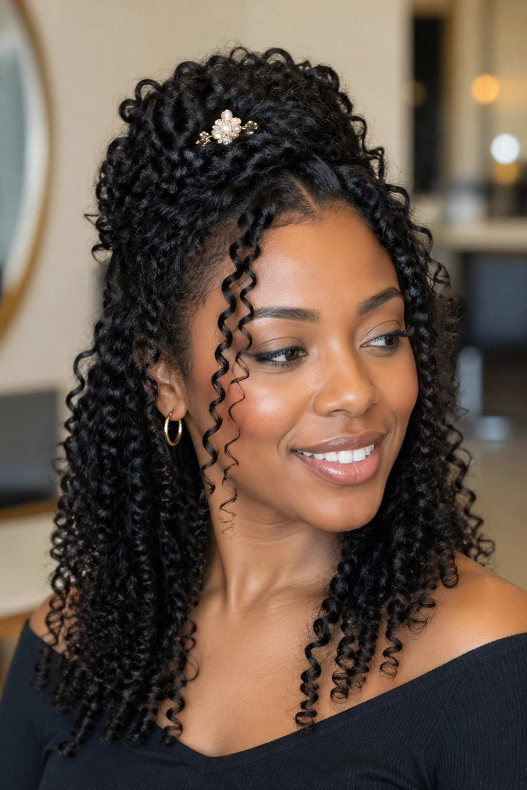 Close-up of real person with ringlet crown pinned to the side.
