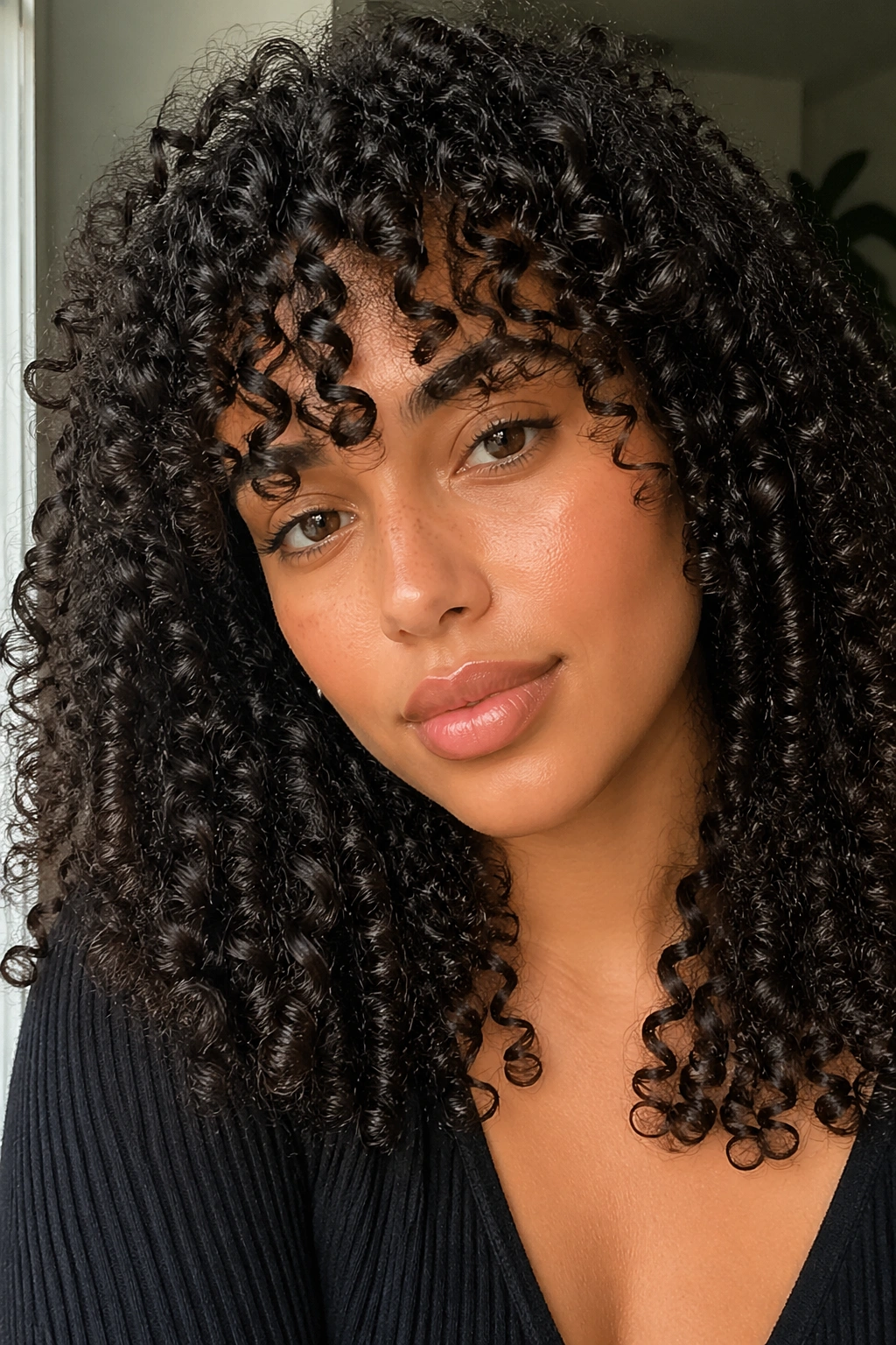 Close-up of a real woman with defined bangs of ringlet curls framing her face