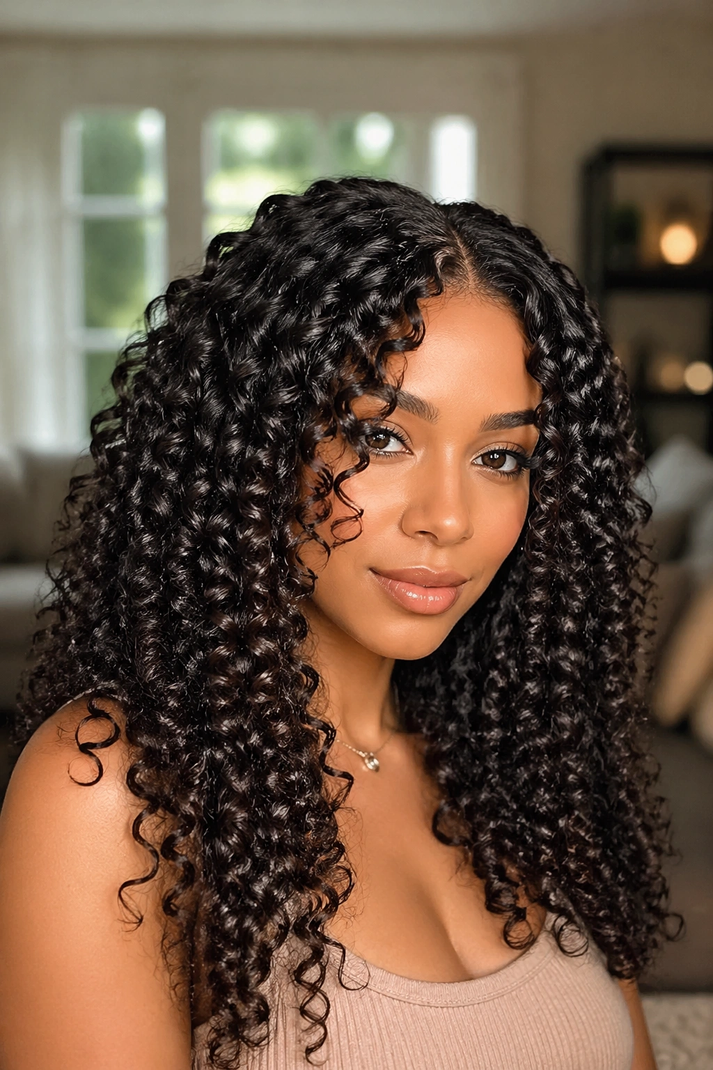 Close-up of a real woman with glossy ringlet curls; natural window light