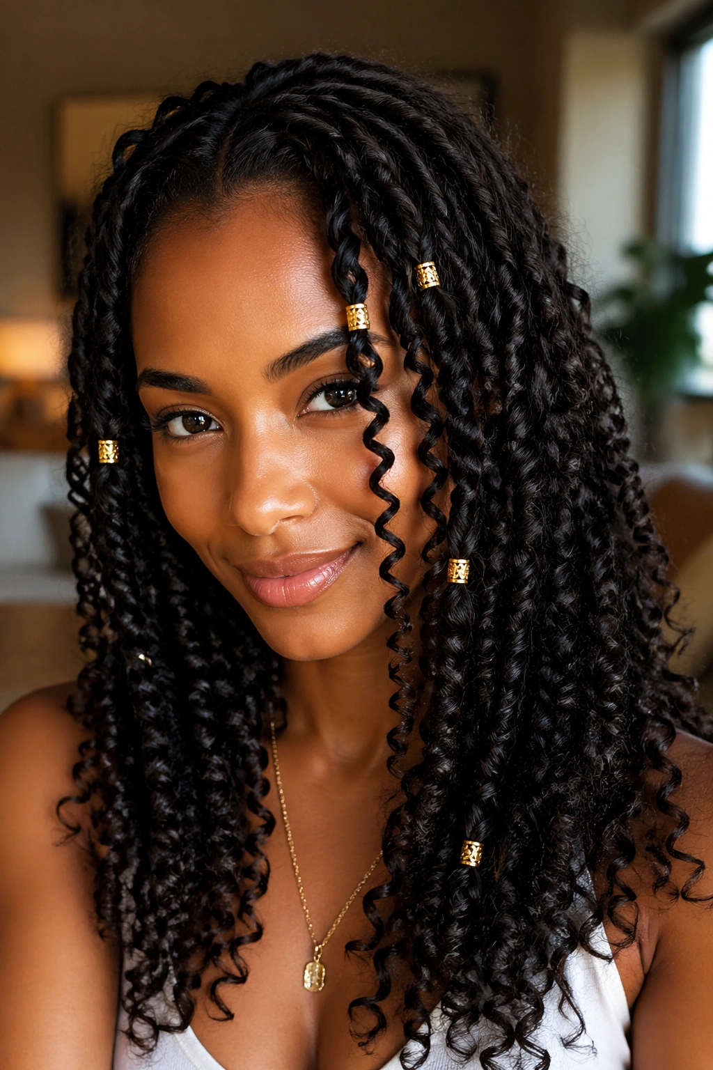 Close-up of a real woman’s ringlets with several gold cuffs