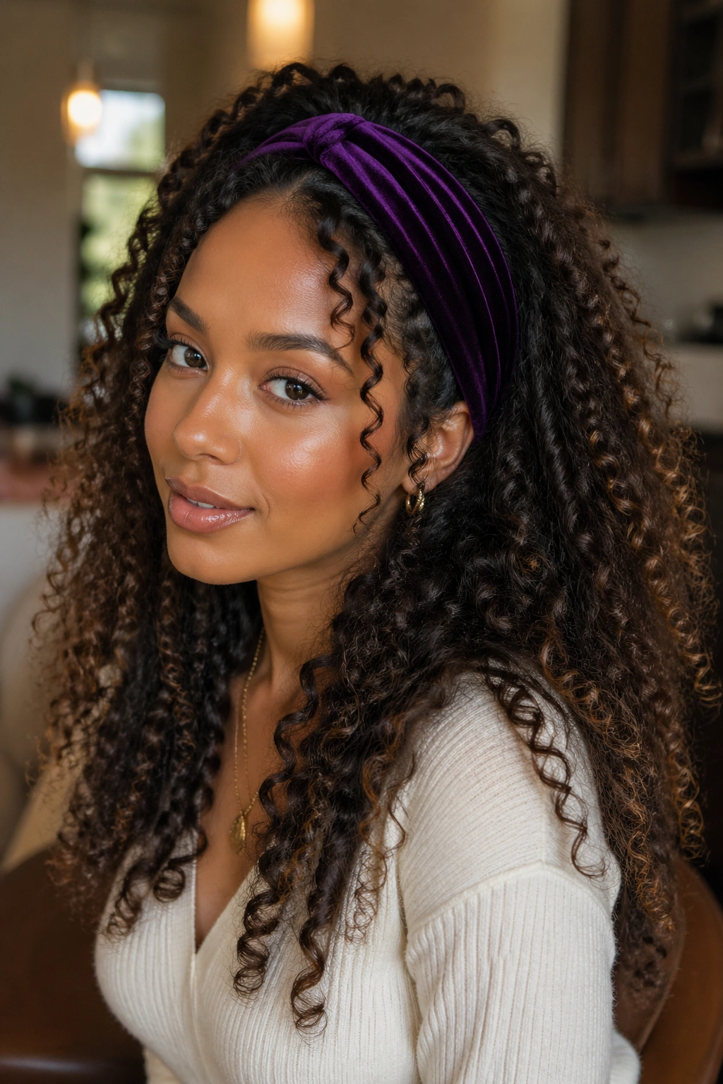 Close-up of a real woman with ringlet curls held back by a velvet headband