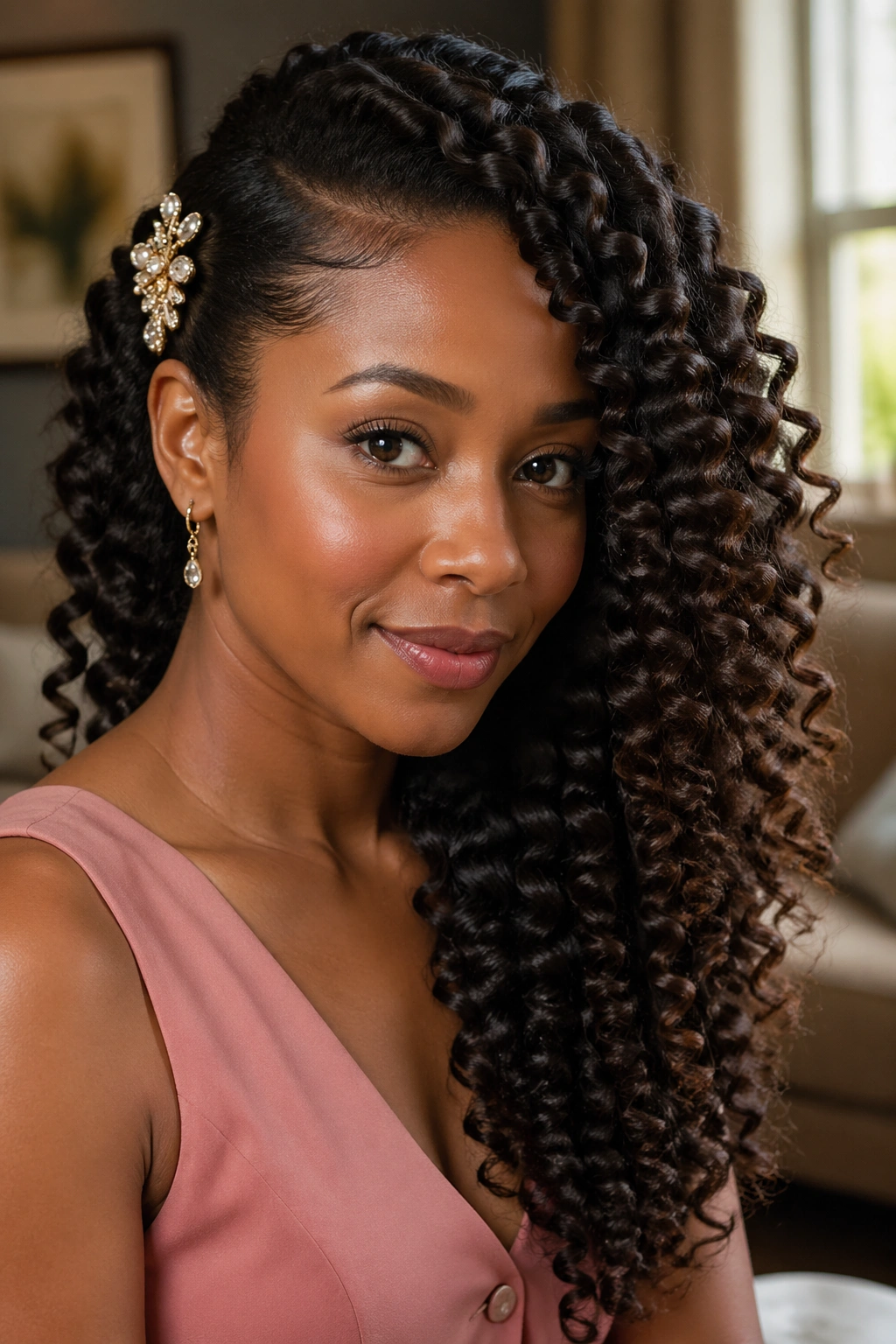 Close-up of a real woman with ringlet curls swept to one side and a decorative clip