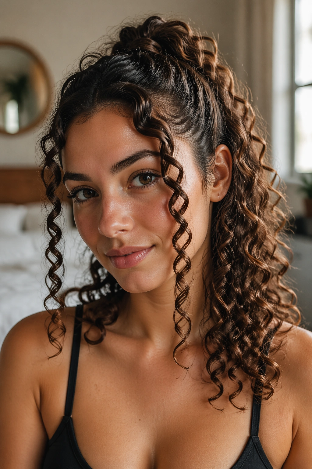 Close-up of a real woman with two front ringlets framing her face and a half ponytail