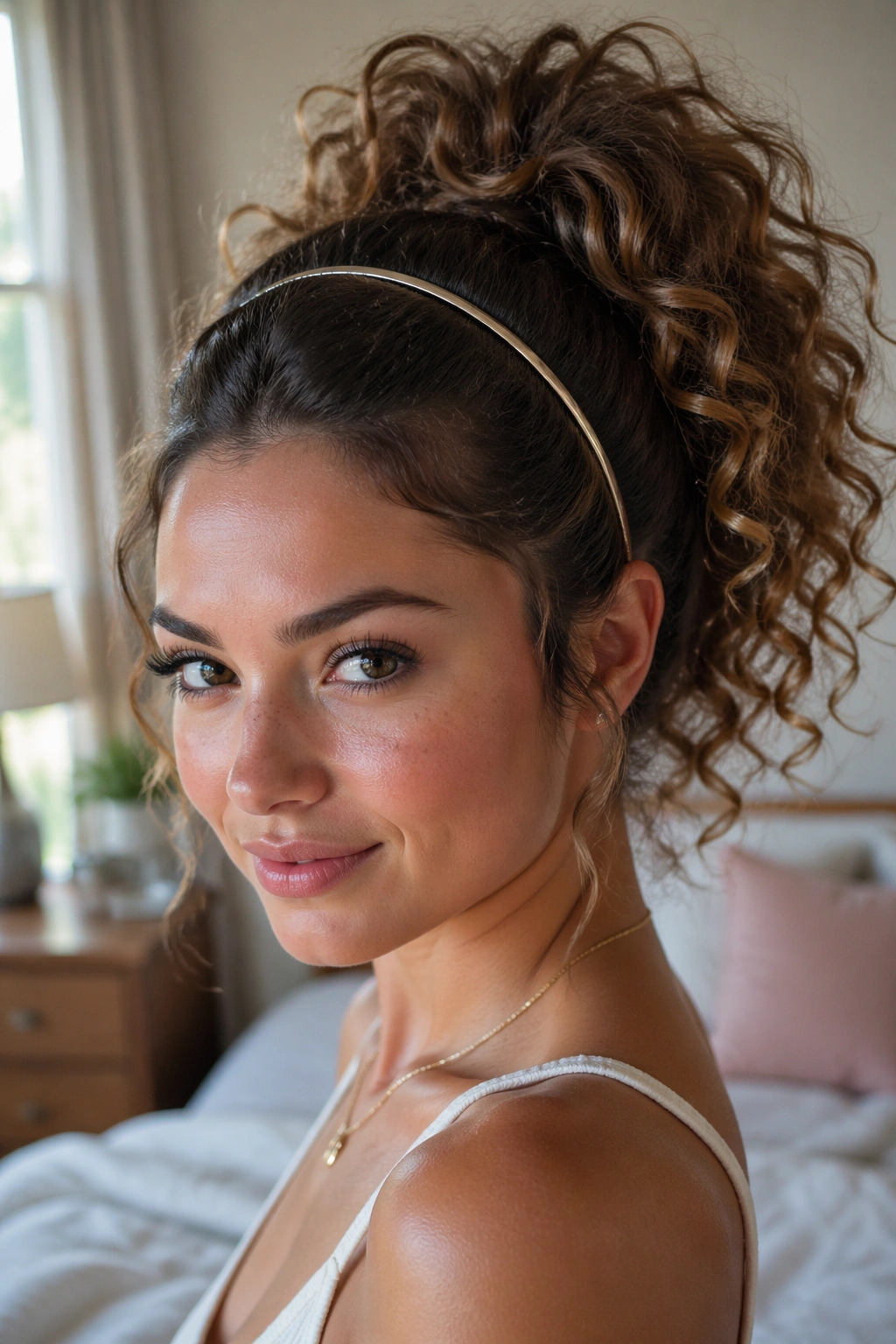 Close-up portrait of a real person with soft ringlet high ponytail and a thin metallic headband.