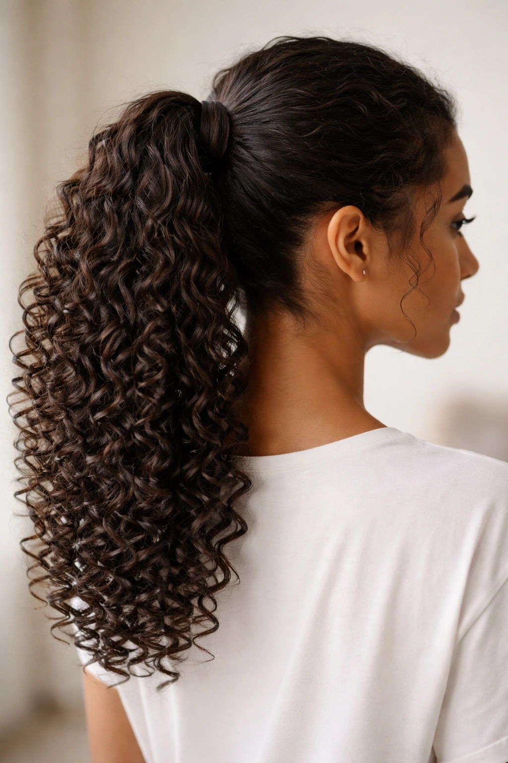 Ponytail with a wrapped base hiding the seam and ringlet texture