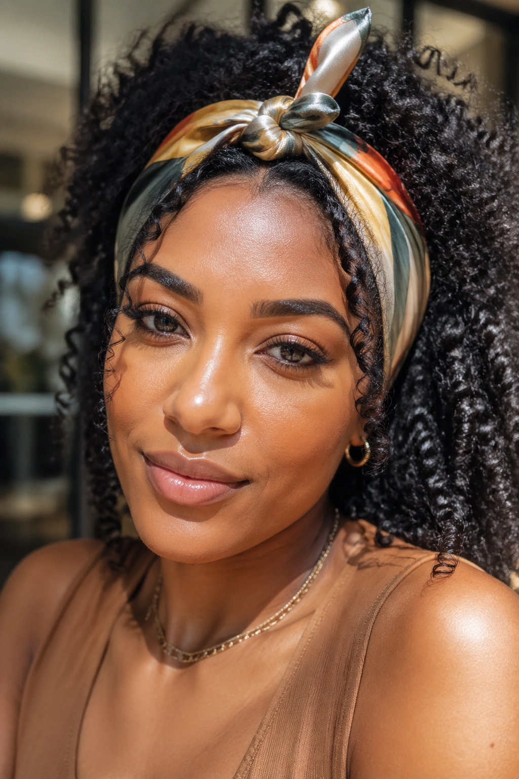 Close-up of a real woman with a silk scarf at the hairline and ringlets behind it
