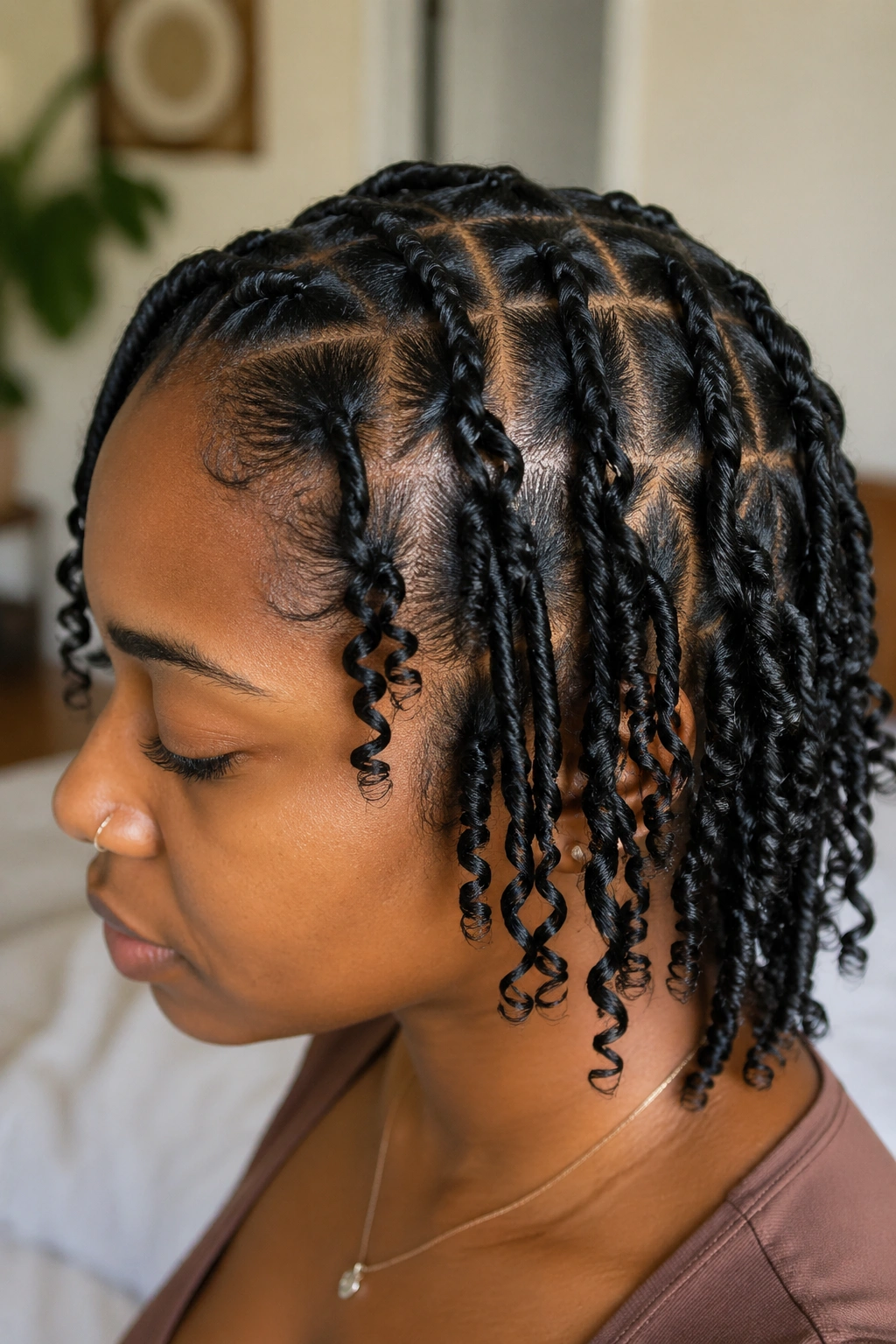 Close-up of real person with ringlet-defined starter locs.
